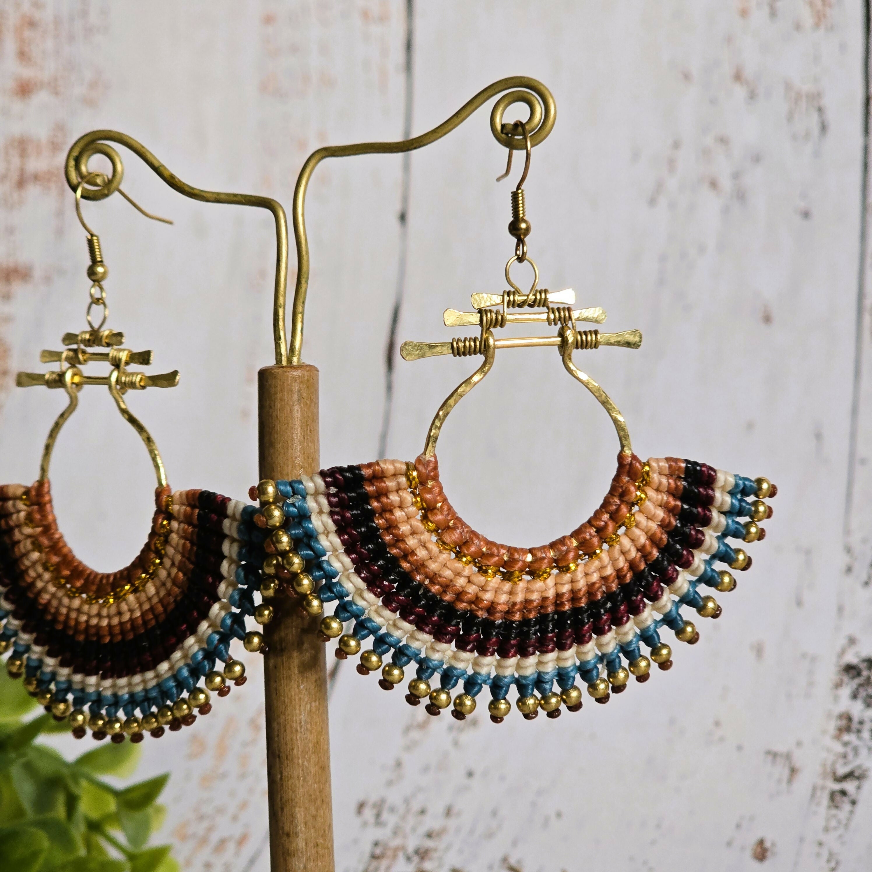 Asian Temple Earrings; Golden Brown Macrame Cord, Gold Hammered Brass Wire Spiral Statement Earrings