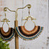 Asian Temple Earrings; Golden Brown Macrame Cord, Gold Hammered Brass Wire Spiral Statement Earrings