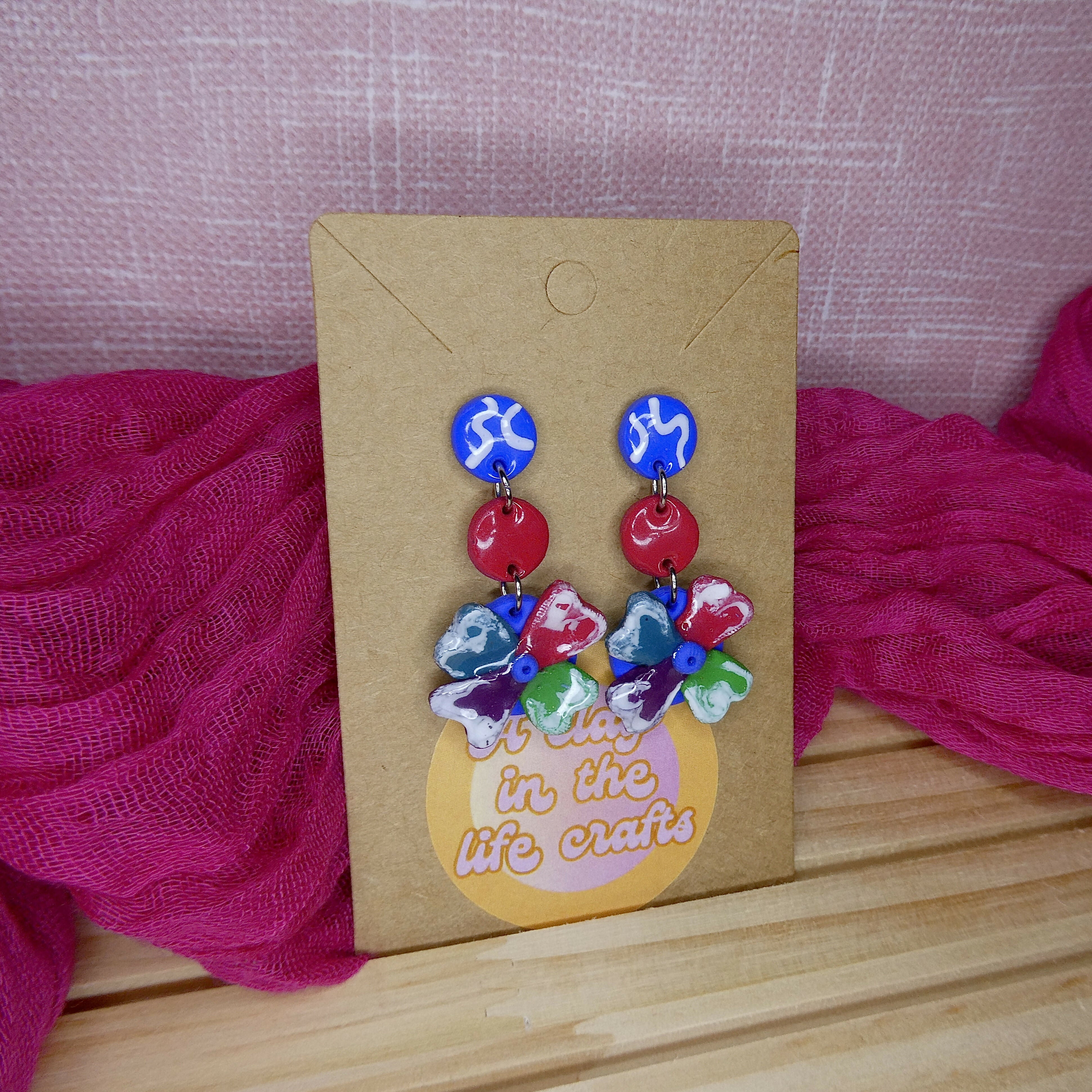 Blue And Multicoloured Flower Dangle Polymer Clay Earrings