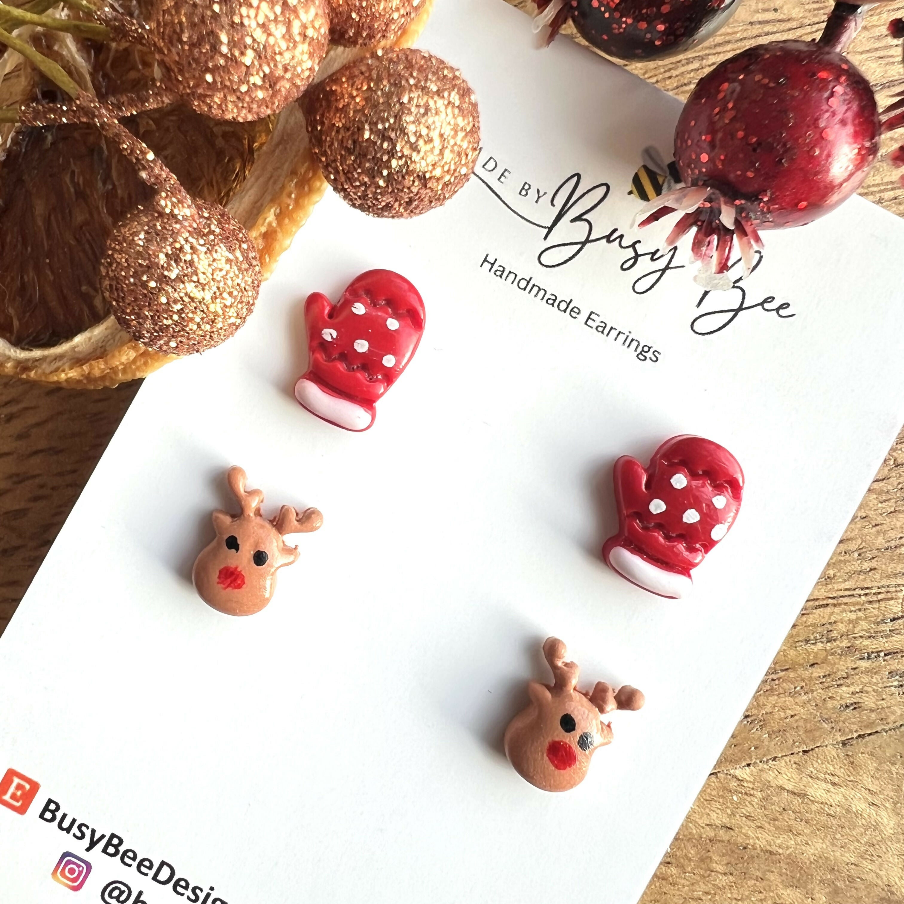 Handmade Christmas Stud Earrings / Set of 2 pairs of Studs / Handmade Polymer Clay Jewellery