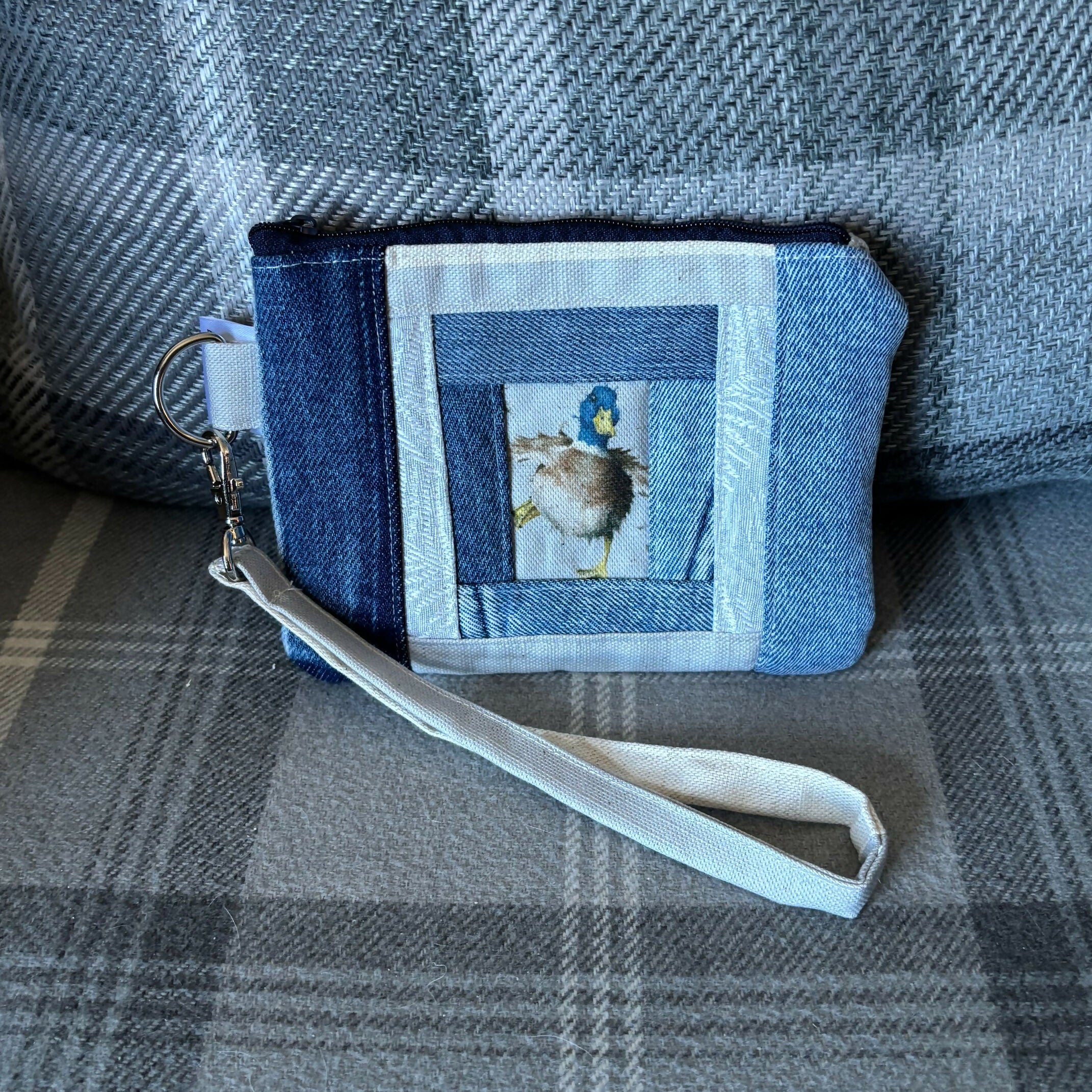 Unique Handcrafted Patchwork Purse Wristie Made From Upcycled Jeans And Animal Print Fabric