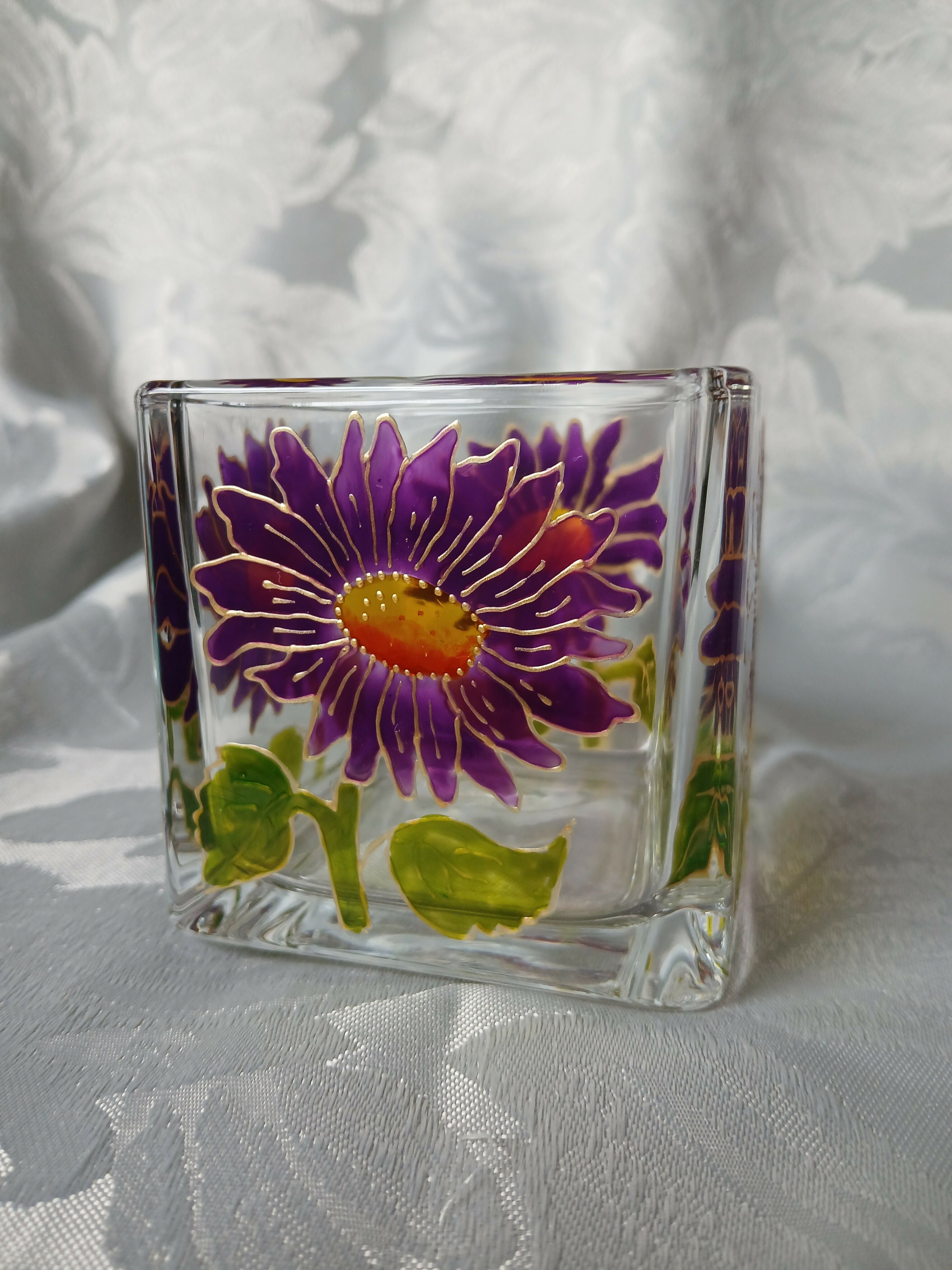 Hand Painted Glass Candle Holder.
