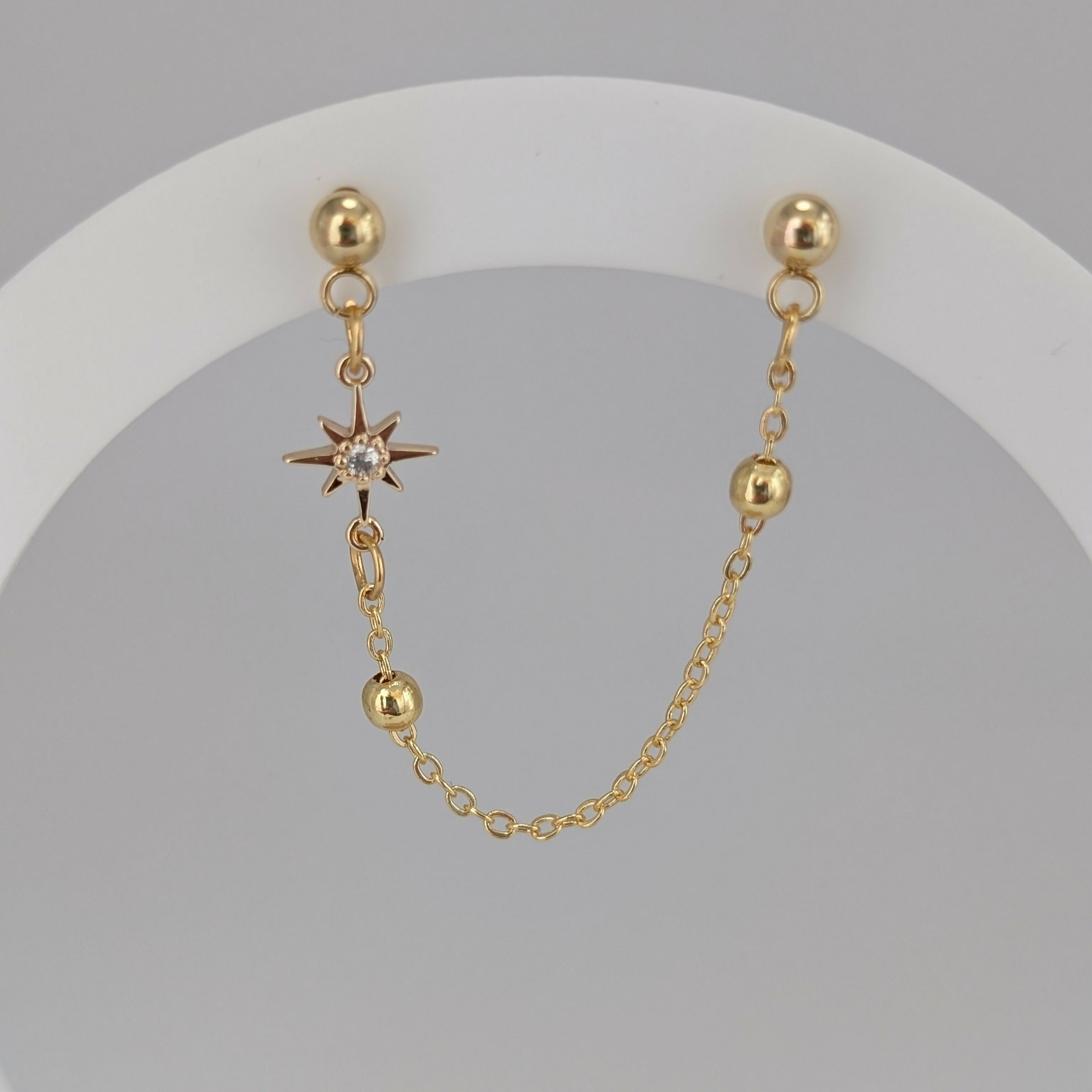 Tiny Star Cubic Zirconia Gold Double Chain Earrring on Gold Plated Ball Stud