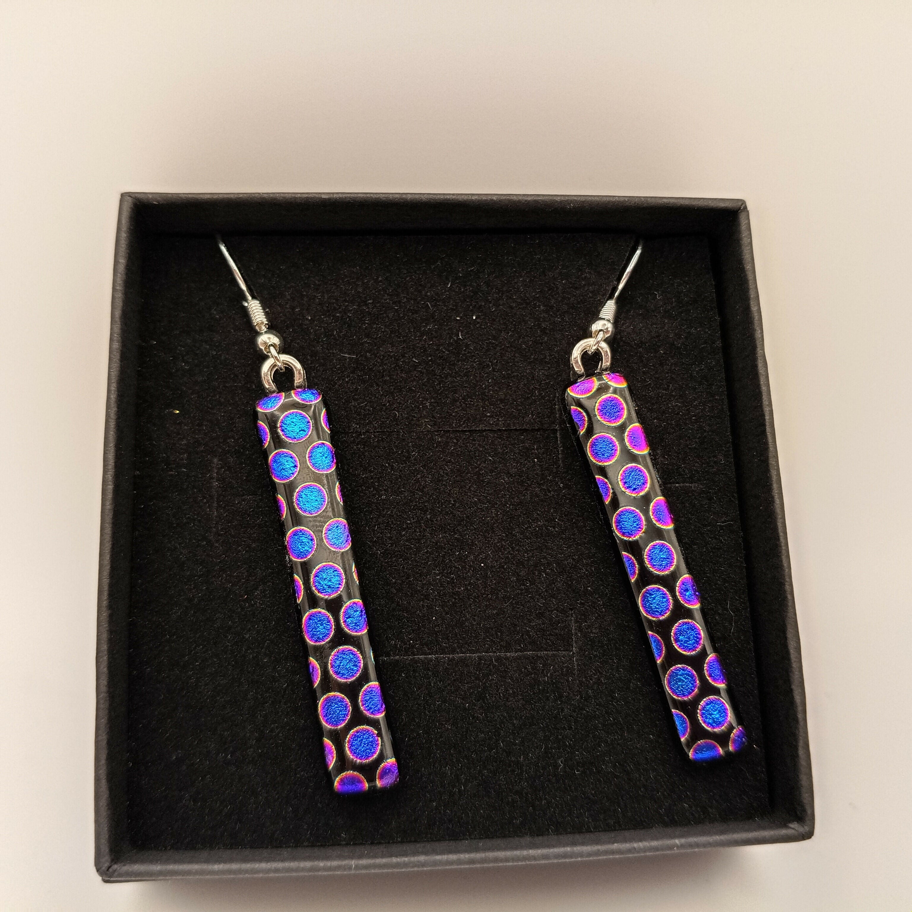 Purple and Blue Spotted Dichroic Earrings on Black