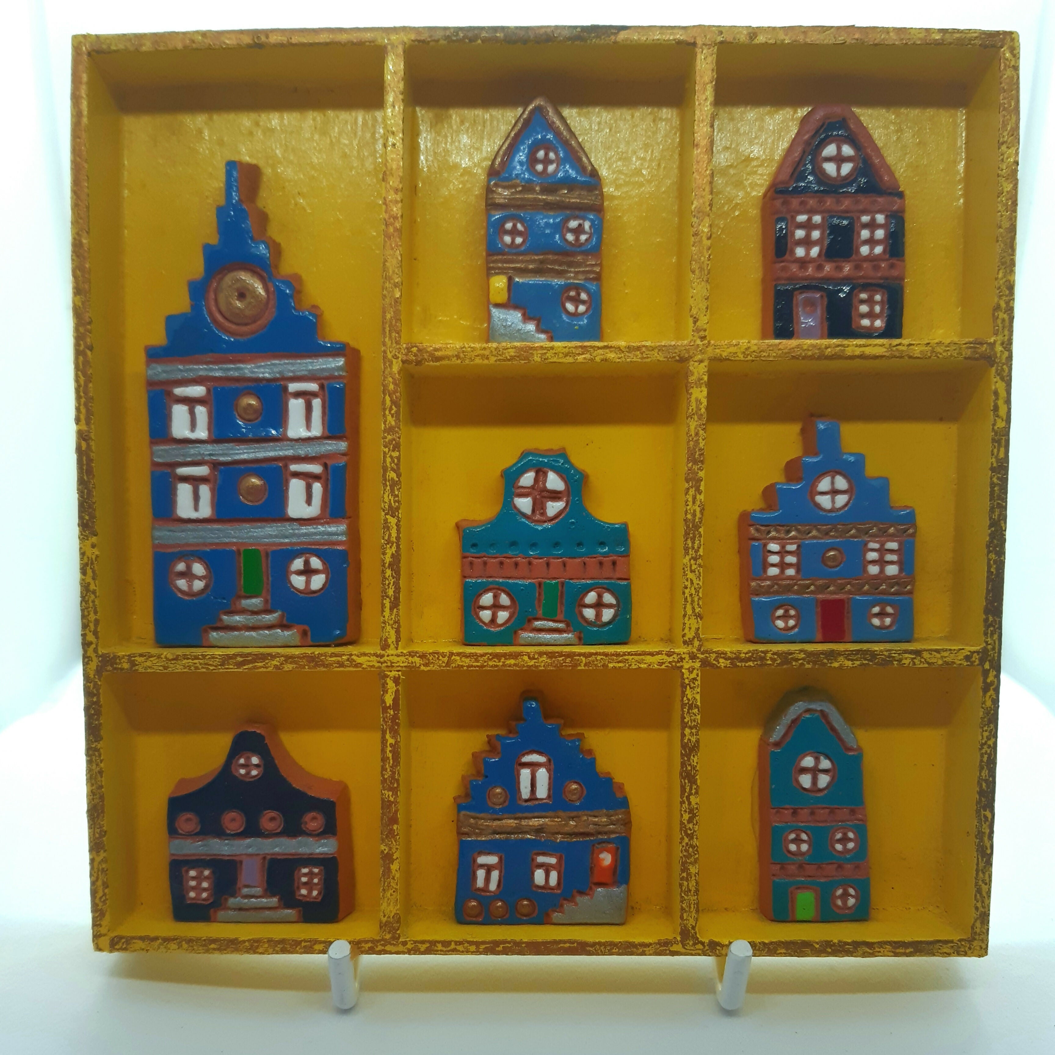Clay Blue Painted Dutch Houses in Wooden Yellow Trinket Tray