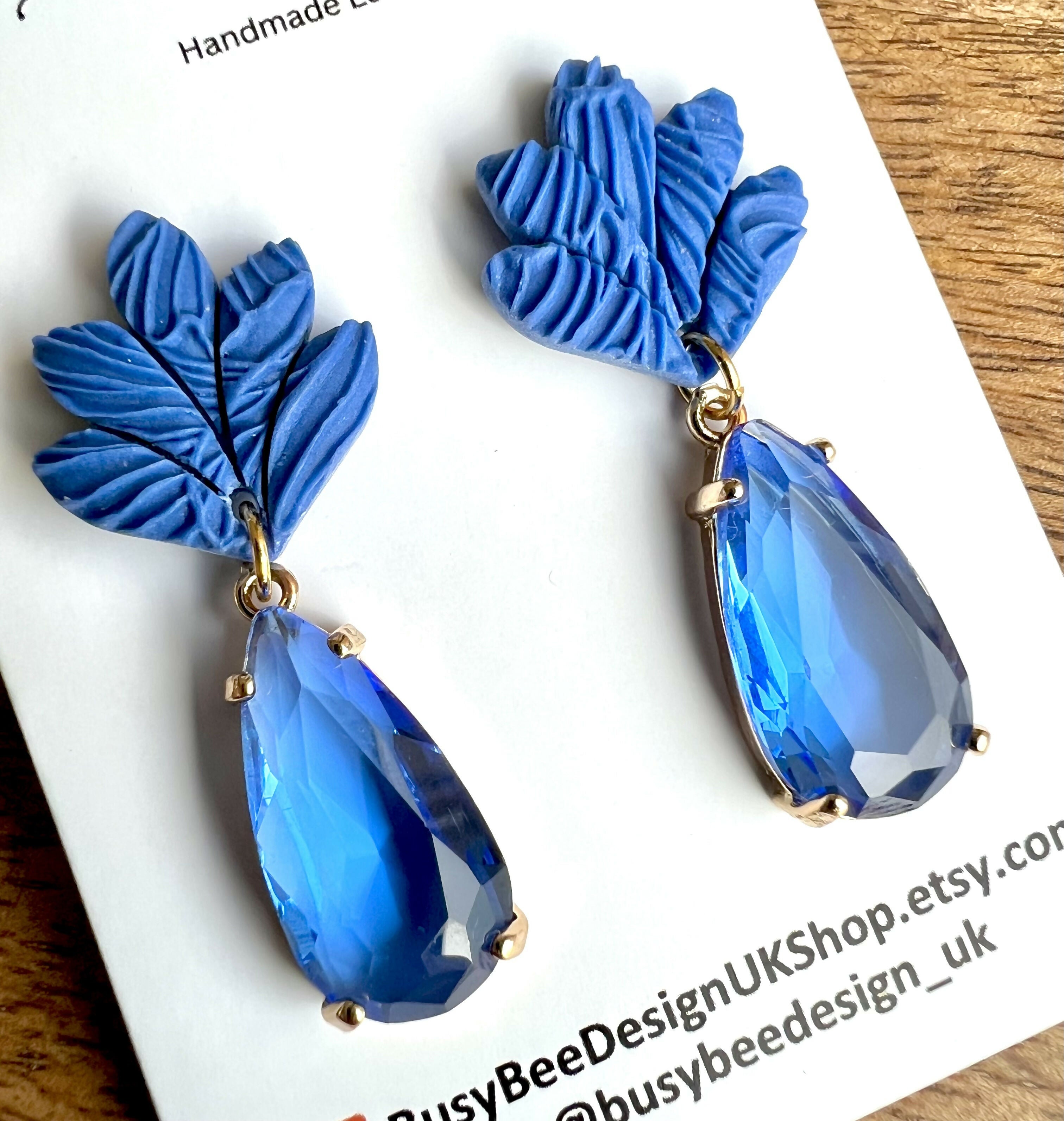 Statement Dangle Earrings with Clear Glass Cubic Zirconia / Art Deco Polymer Clay Earrings / Handmade Jewellery