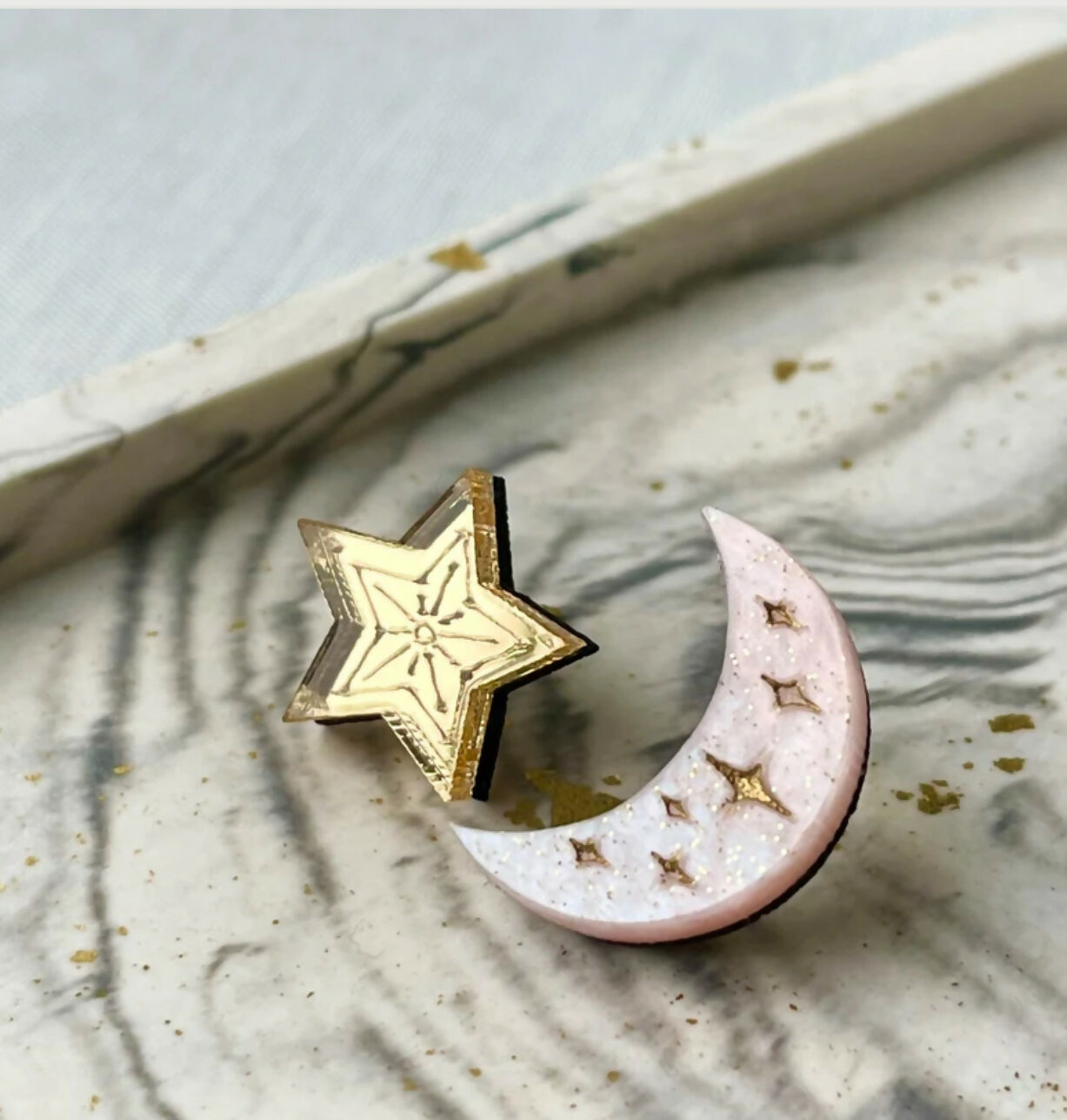 Celestial, Engraved Moon And Star Stud Earrings