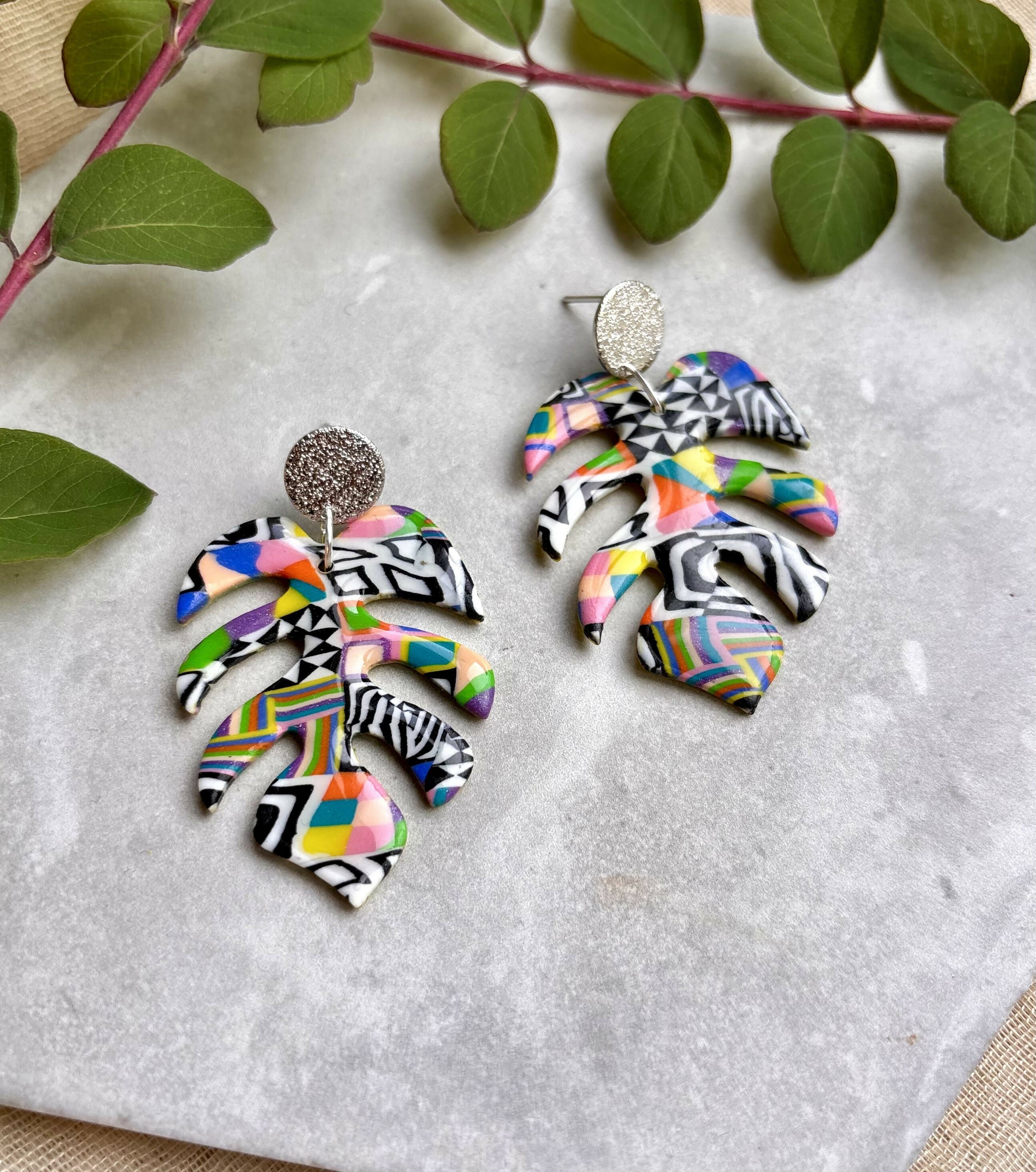 Funky Pattern Collection - Monstera Leaf Polymer Clay Earrings