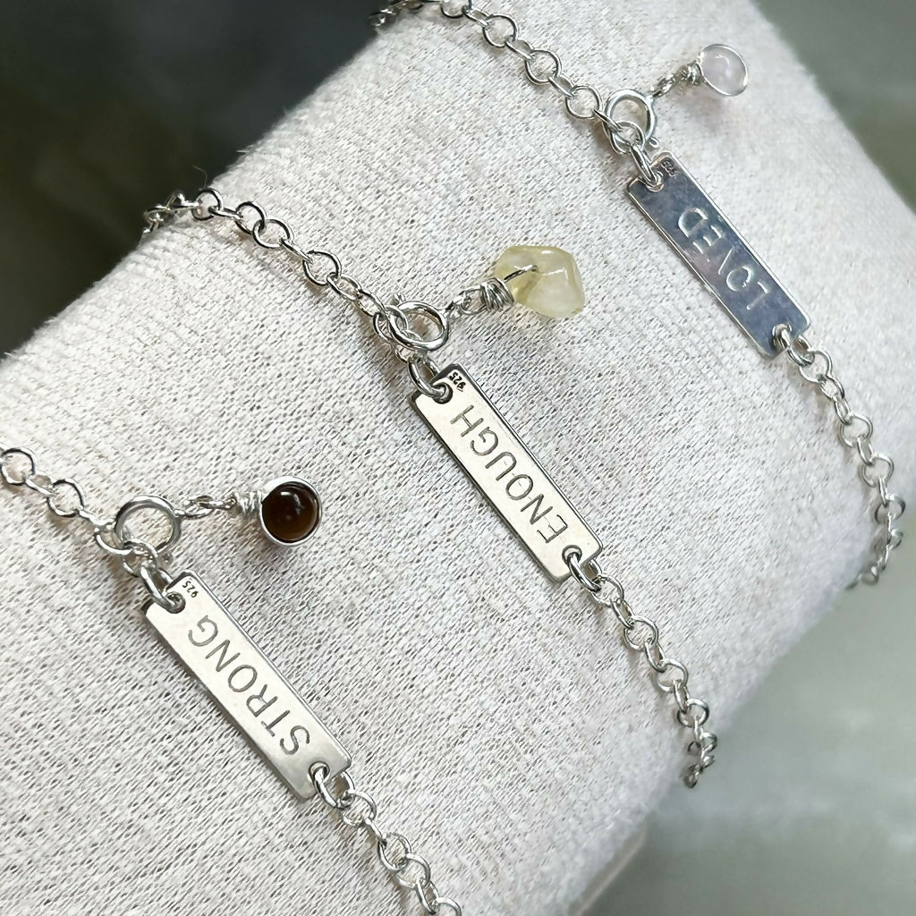 Handmade Sterling Silver 'I Am Loved' Rose Quartz Charm Bracelet