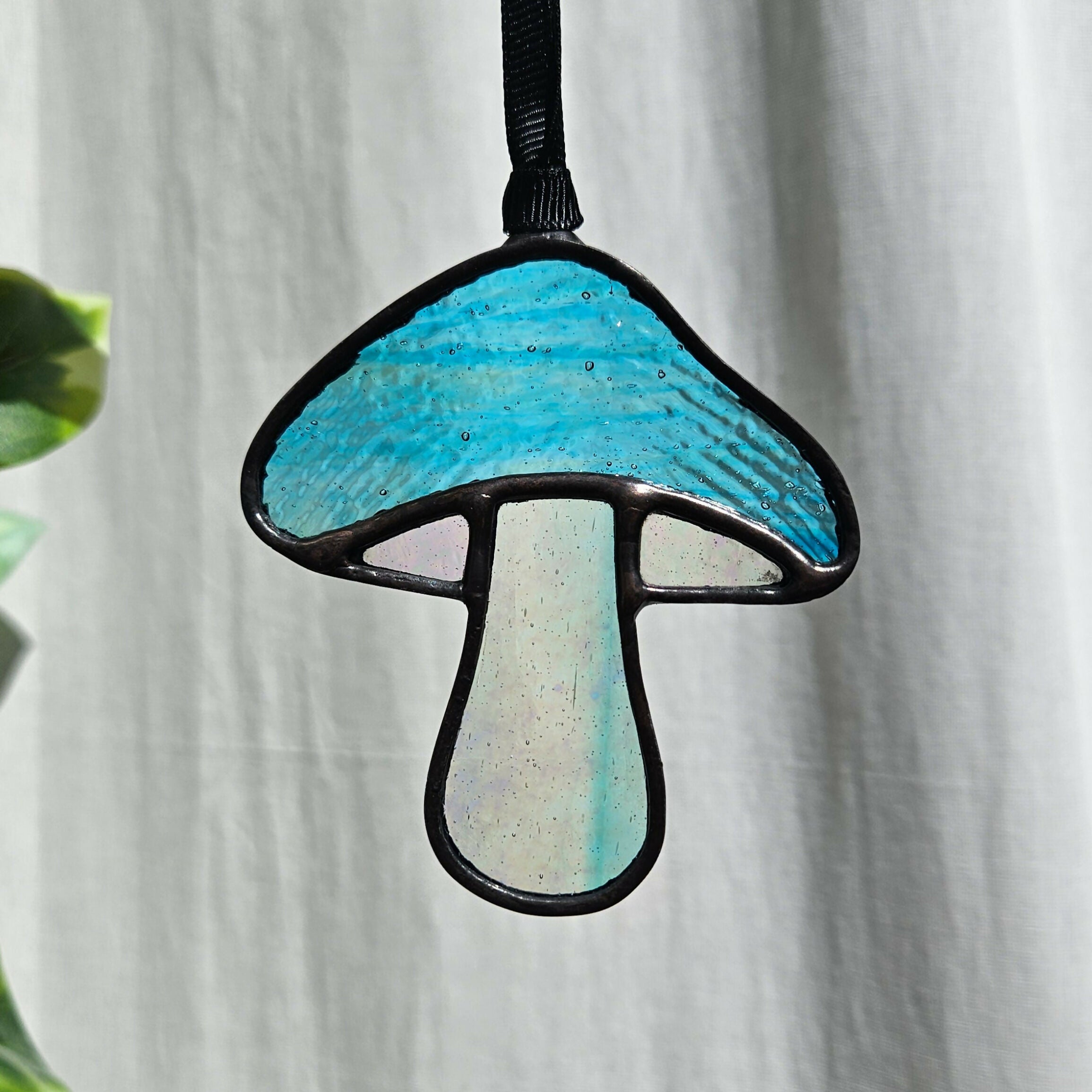 Textured Blue & Iridescent Mushroom Stained Glass Suncatcher