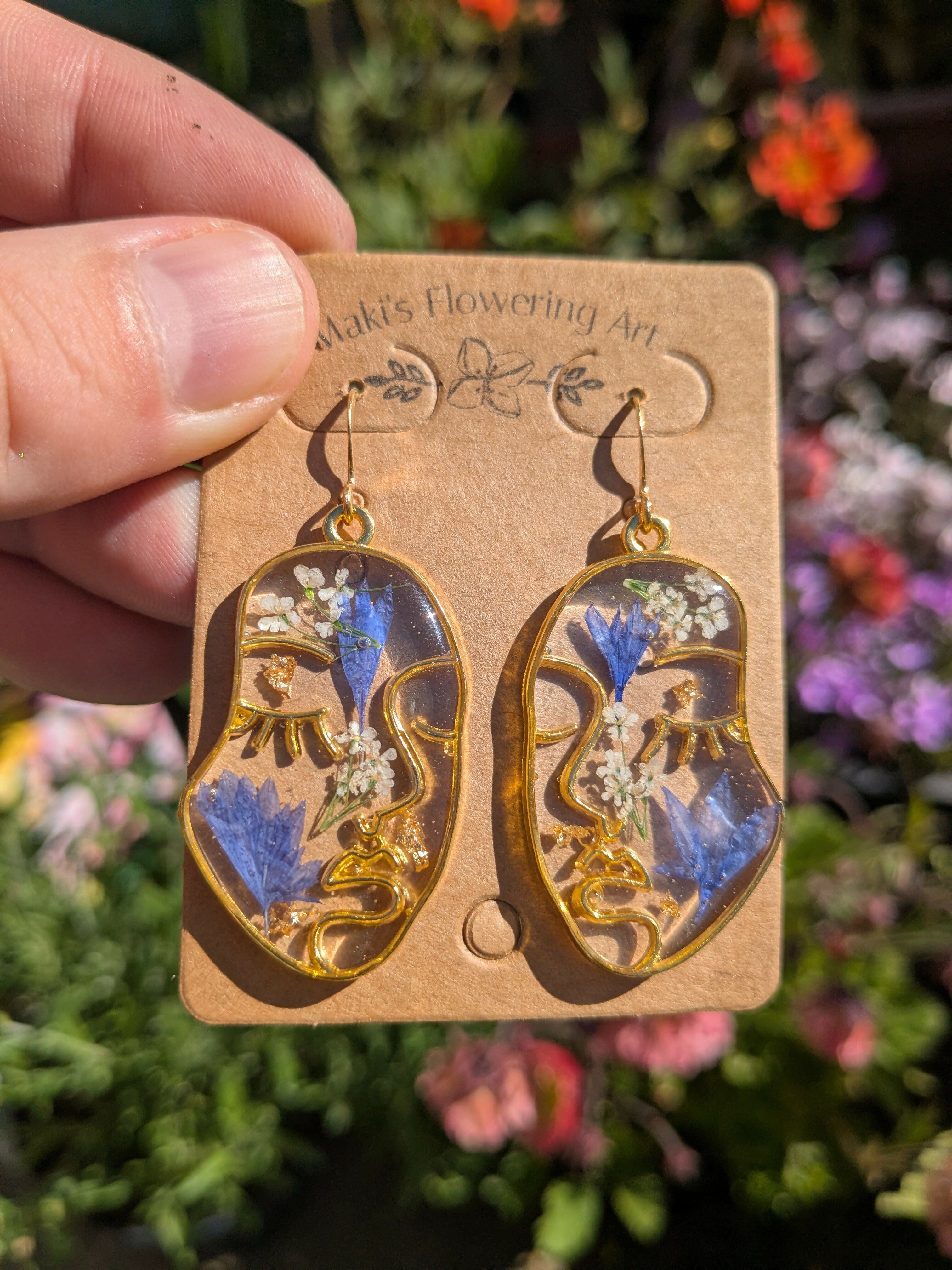 BLUE CORNFLOWER LADY FACE EARRINGS