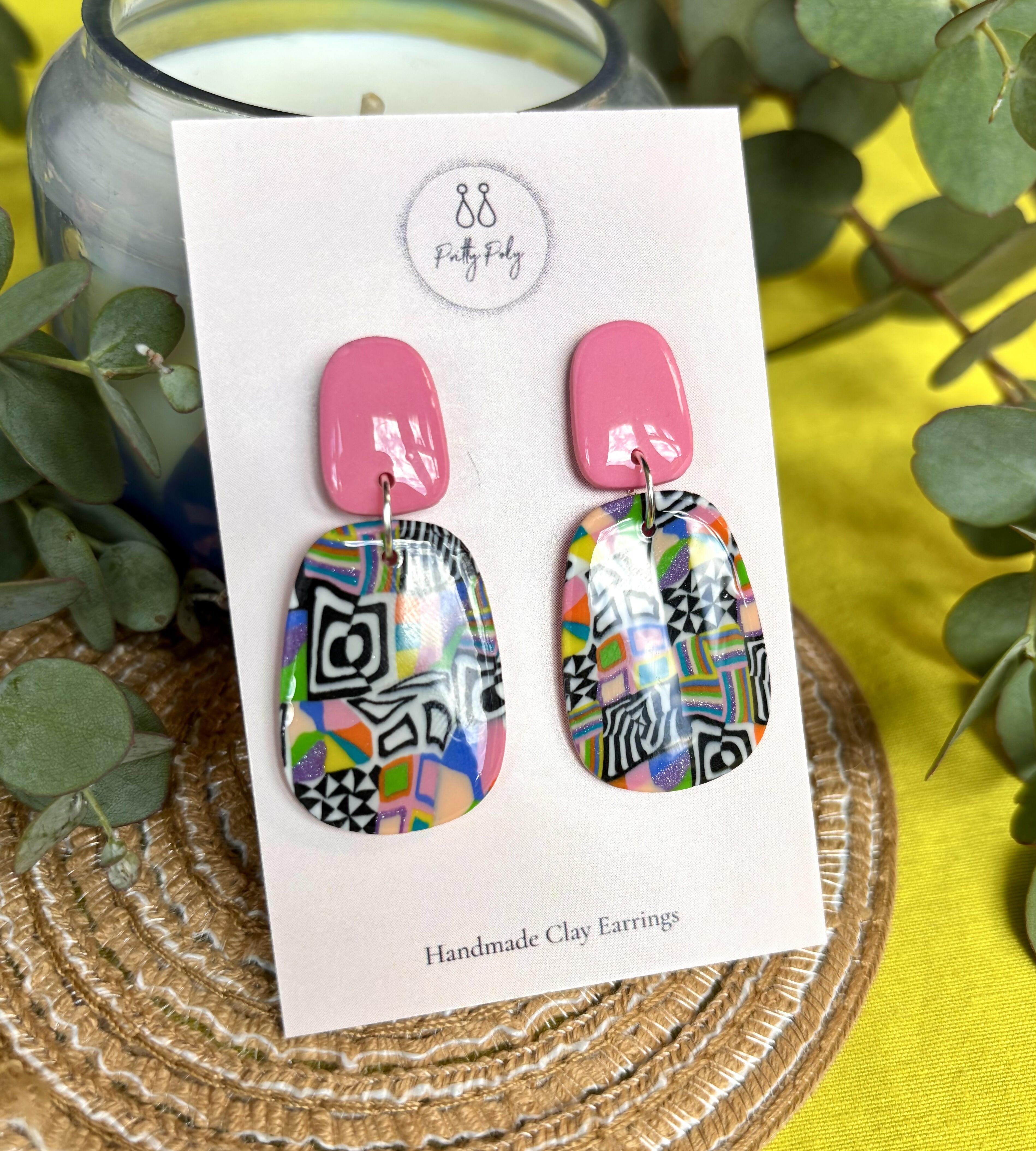 Funky Pattern Collection - Pink Dangle Polymer Clay Earrings