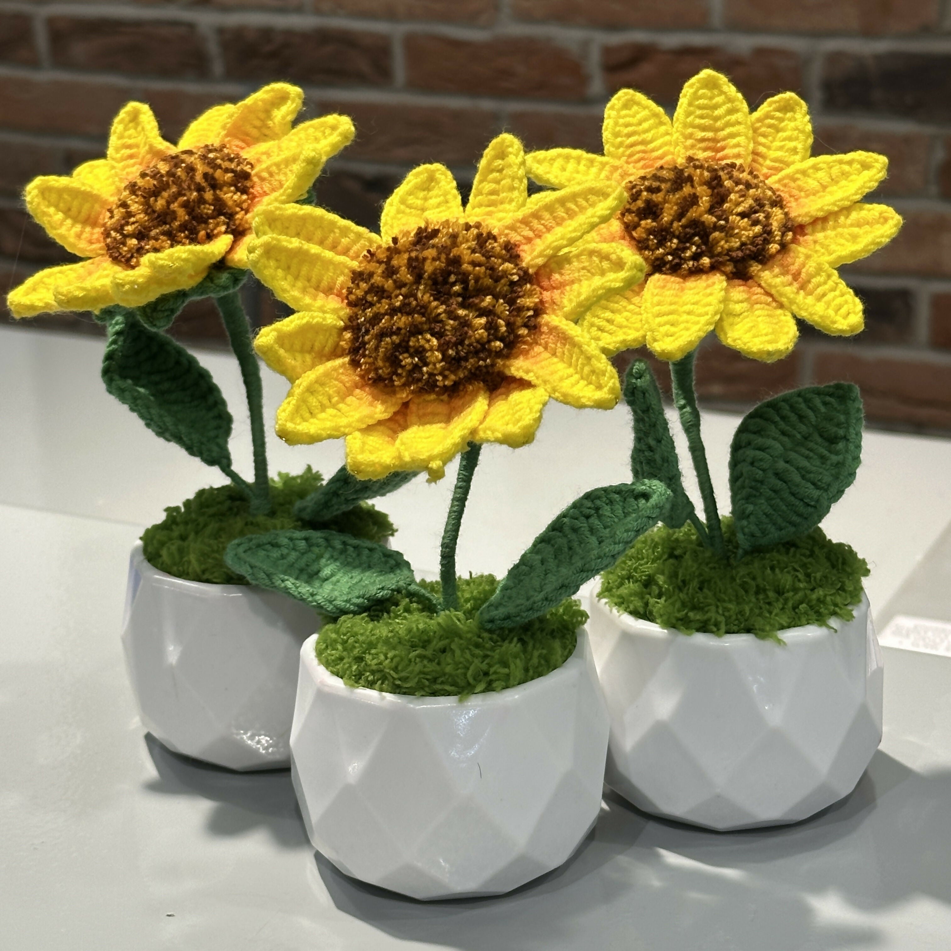 Speckled Crochet Sunflower in White Pot