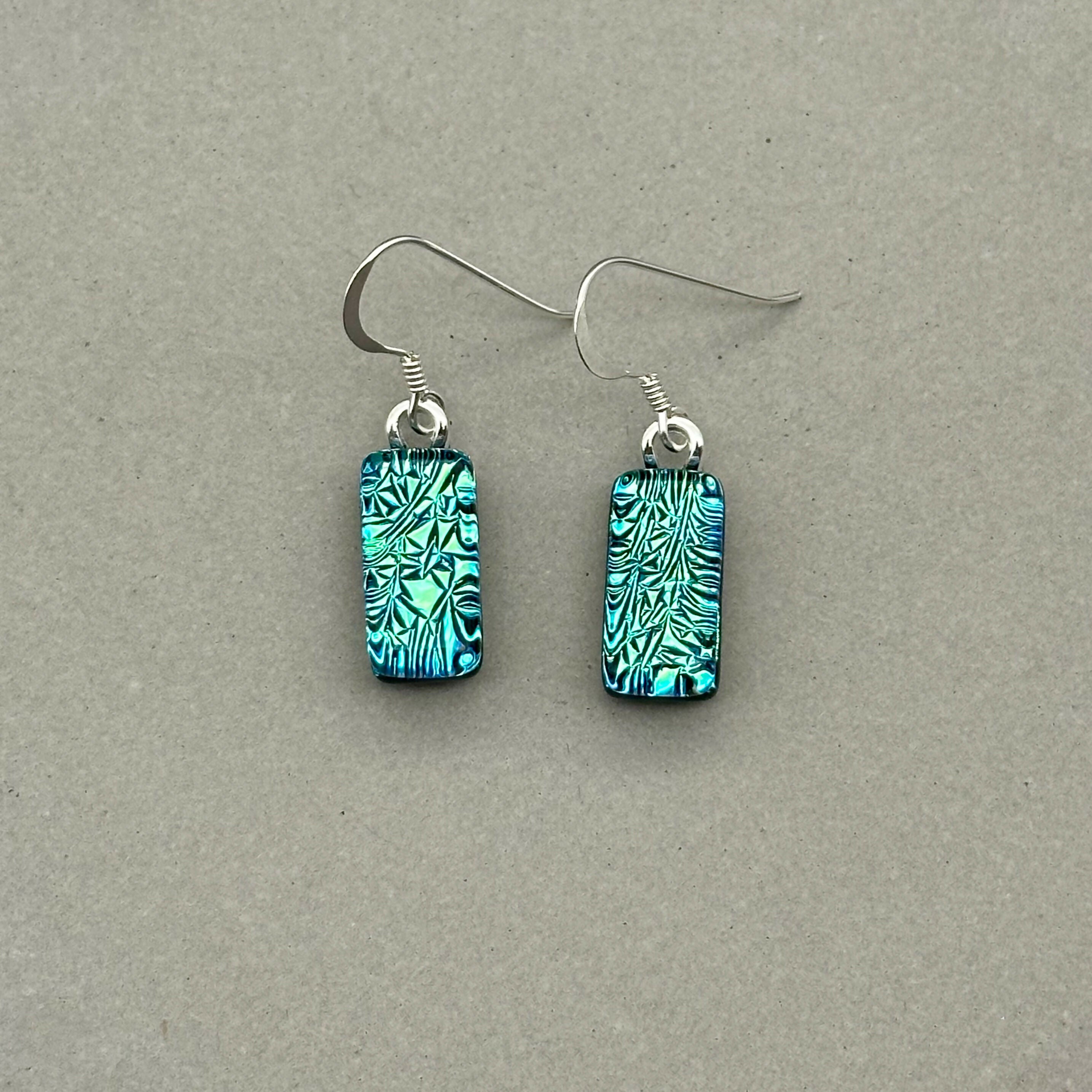 Green & Blue Crackle Dichroic Glass Necklace and Earrings Set - Sterling Silver, Handmade by Jade Tapson Glass