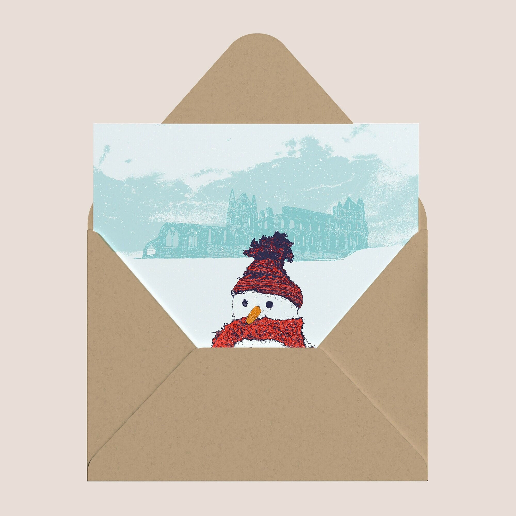 Snowman at Whitby Abbey Greeting Card – Yorkshire Christmas Scene
