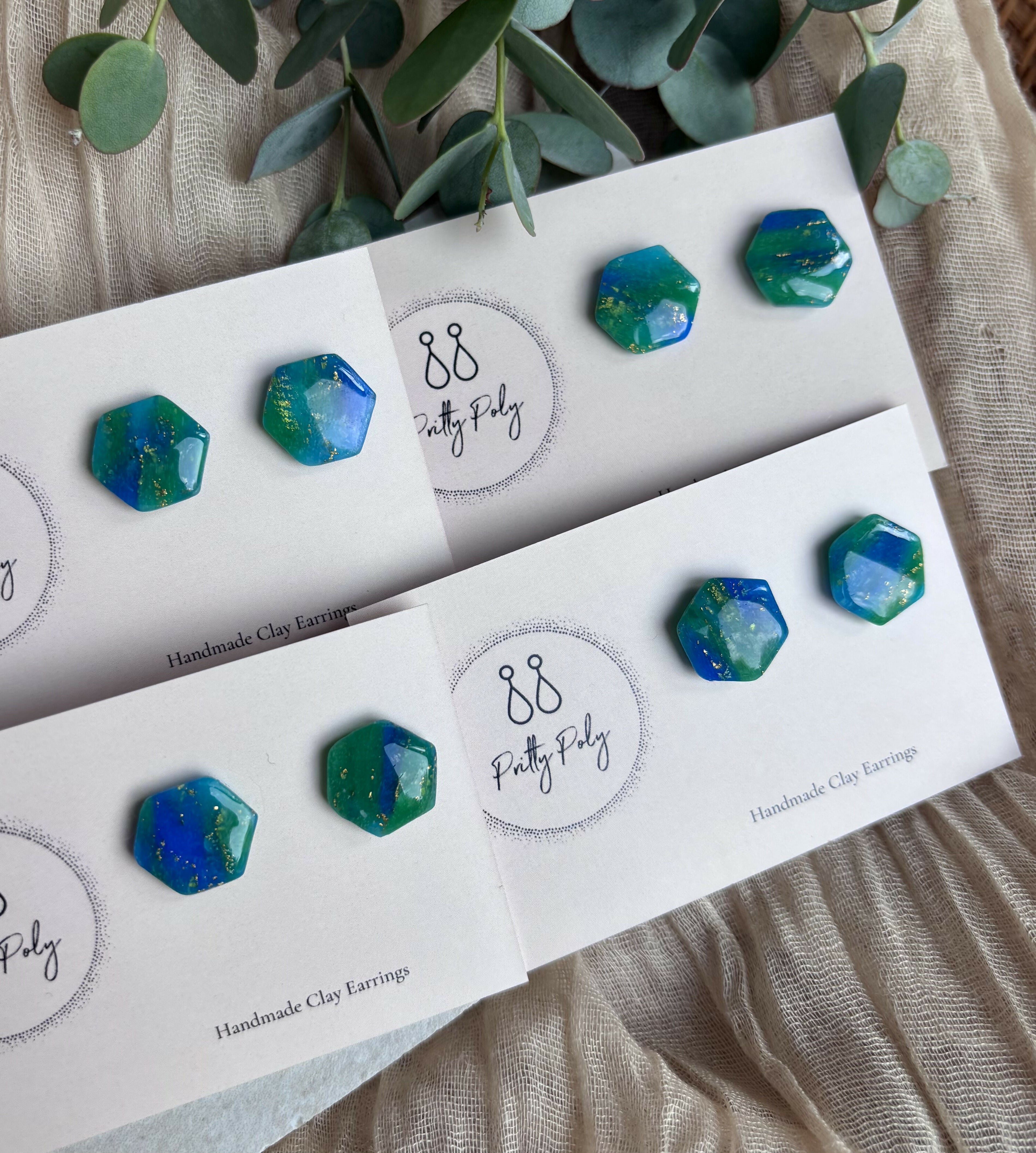Blue and Gold Fleck Pentagon Polymer Clay Studs