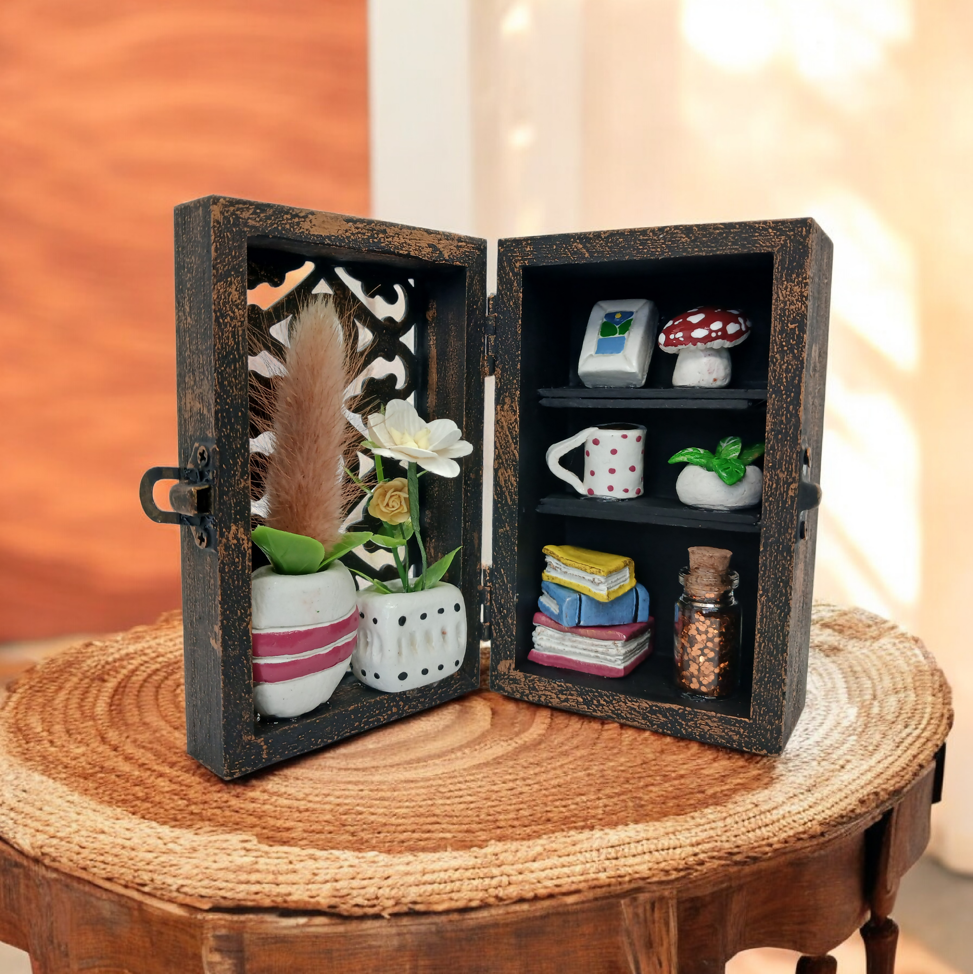 Bookcase Diorama Clay Trinket Filled Wooden Box
