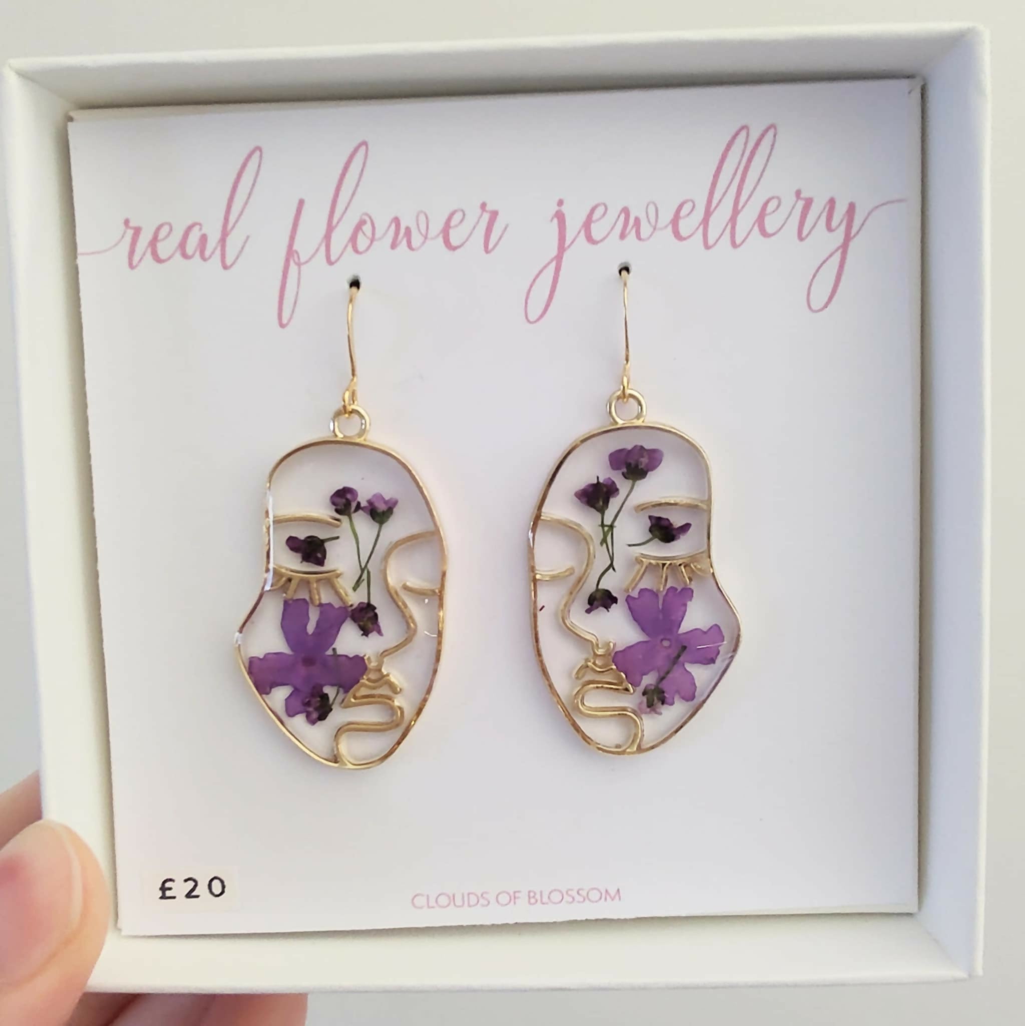 Real Flower Purple Face Earrings Gold Plated