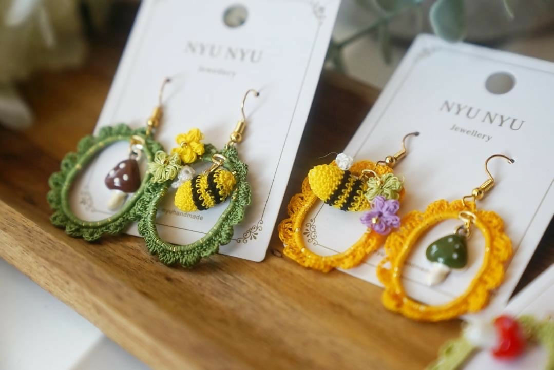 Handmade Micro Crochet Bee with Flower Mushroom Drop Earrings