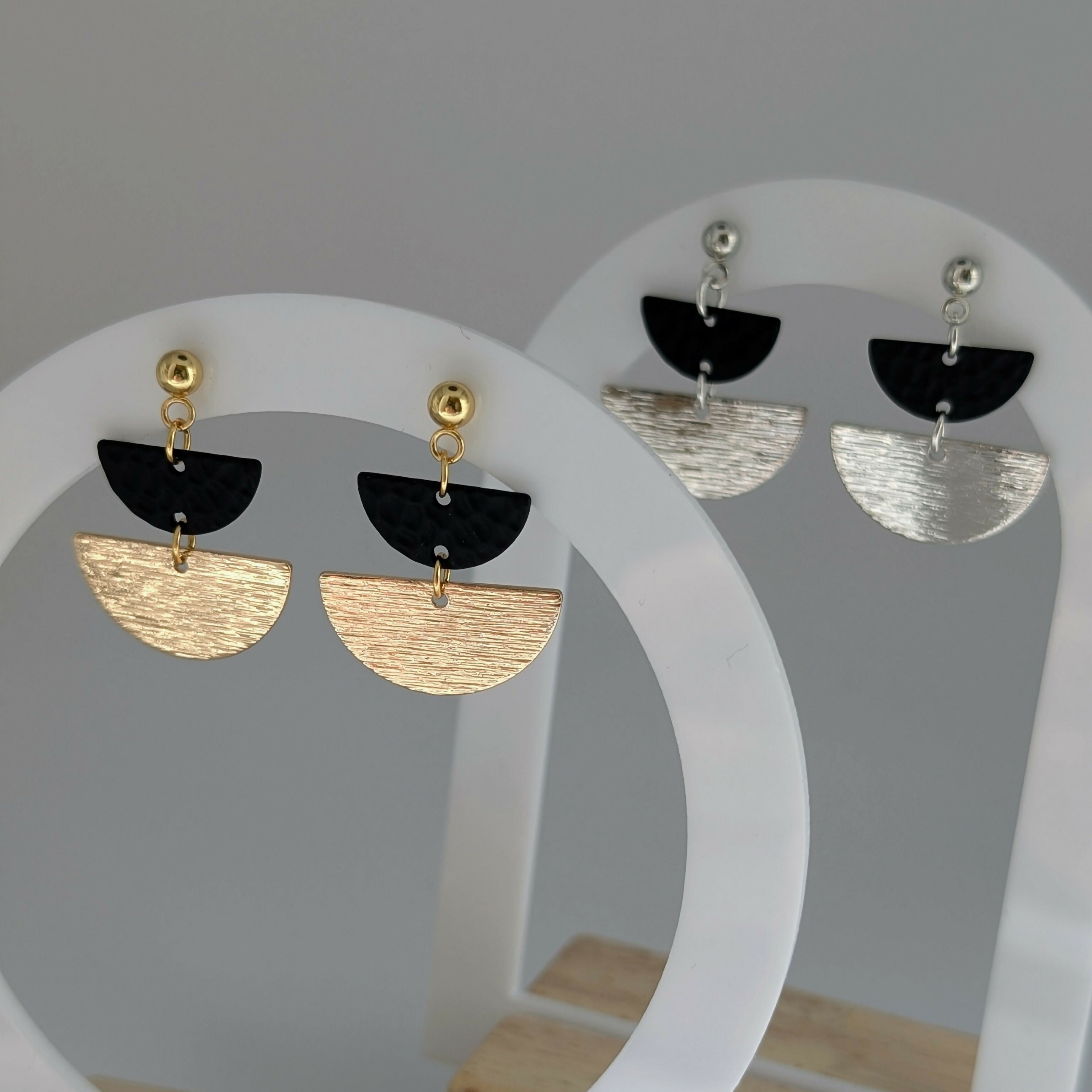 Geometric Black and Silver Half Moon Earrings on Silver Plated Ball Stud