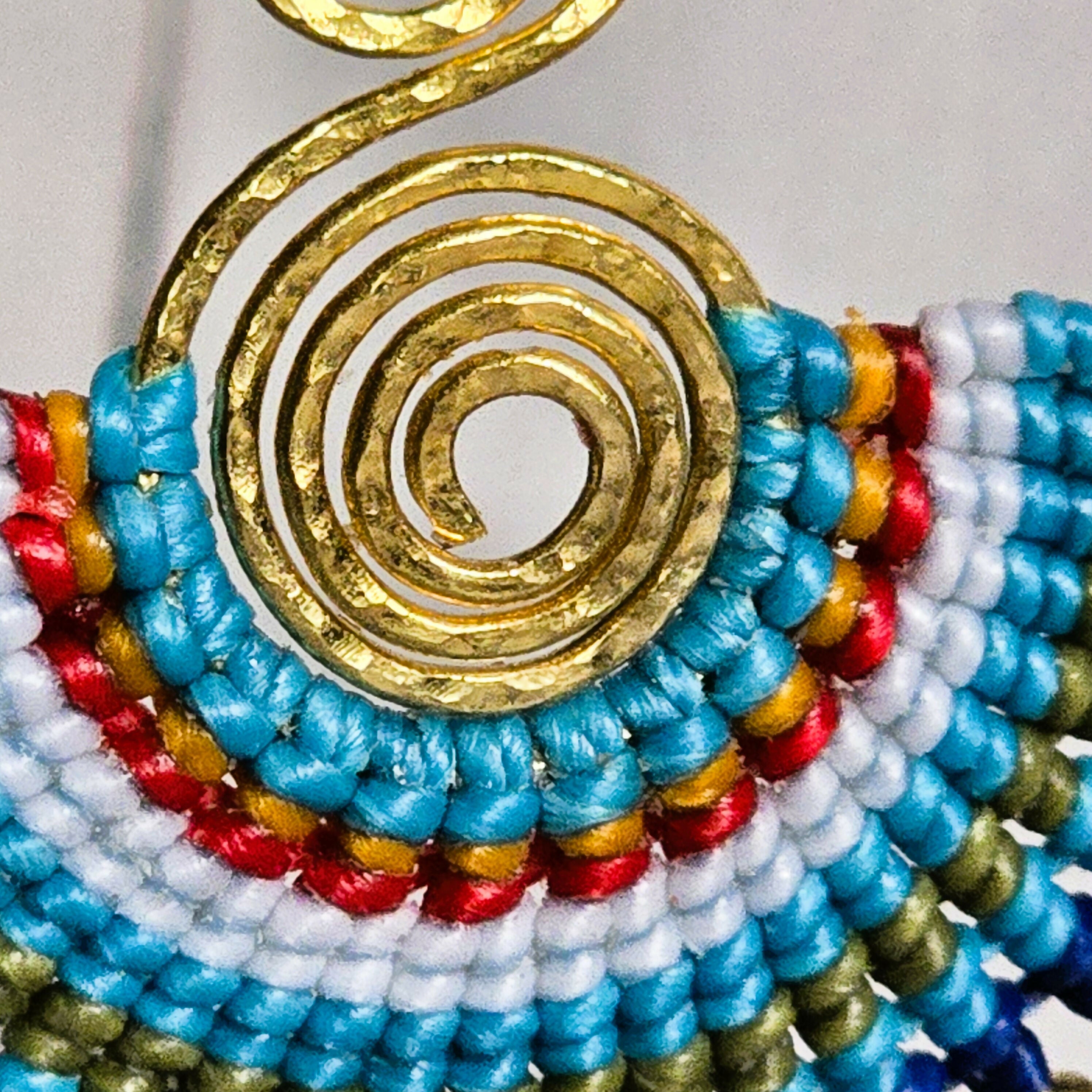 Blue Macrame Earrings; Egyptian Fan Gold Wire Spiral Bohemian Earrings