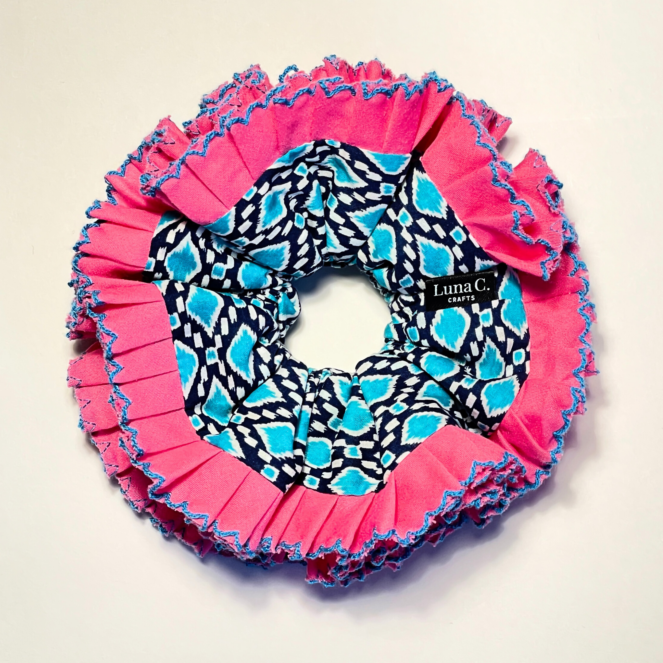 Aqua Blue with Shocking Pink Ruffles Double Layer Scrunchie