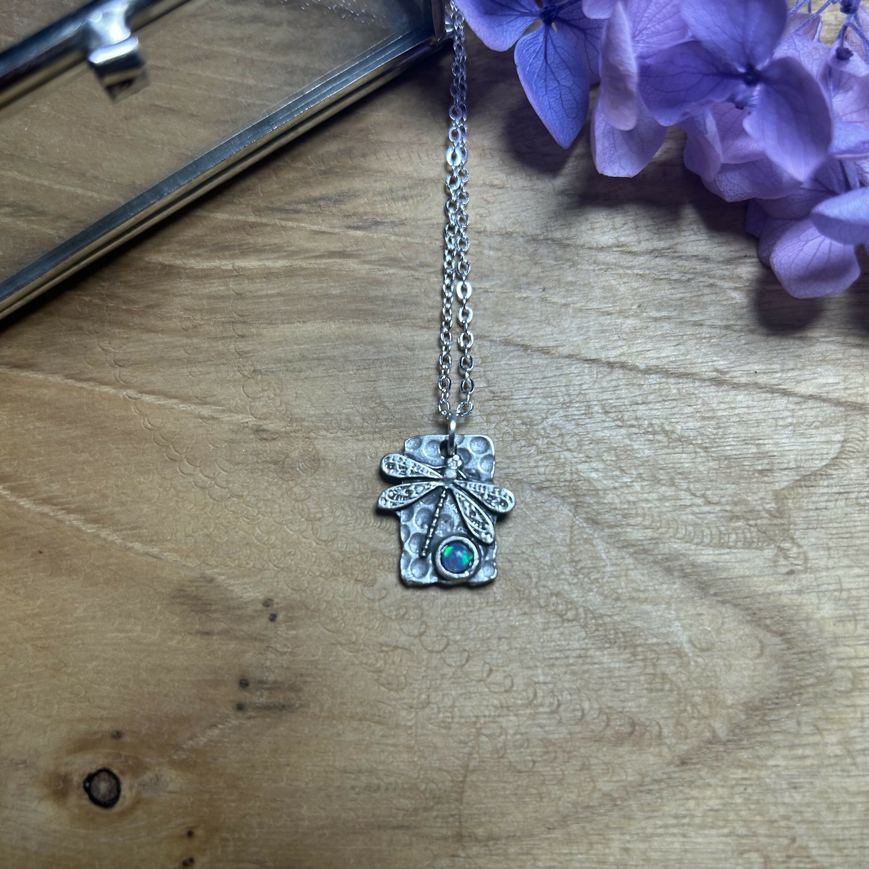 Lovely Silver Plated Dragonfly & Opal Pendant Necklace