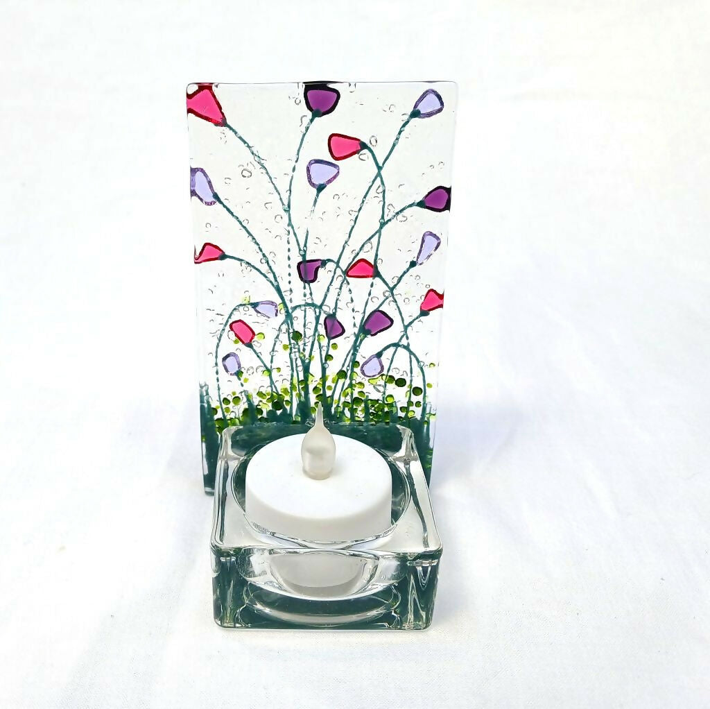Handmade Fused Glass Tealight Holder With Pink & Purple Flowers