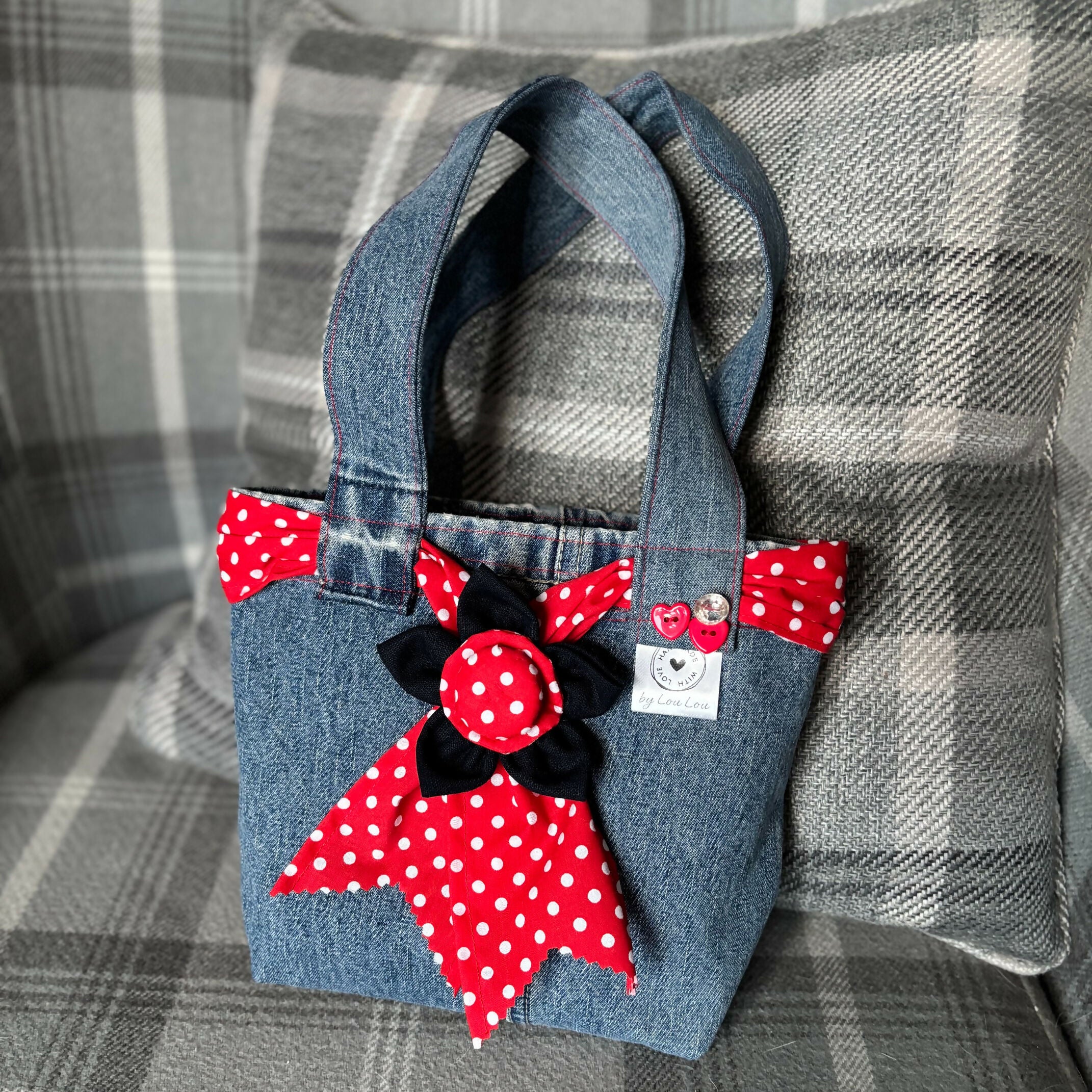 Unique Handcrafted Cute Denim Tote Bag Handbag Made From Upcycled Jeans With Flower Decoration