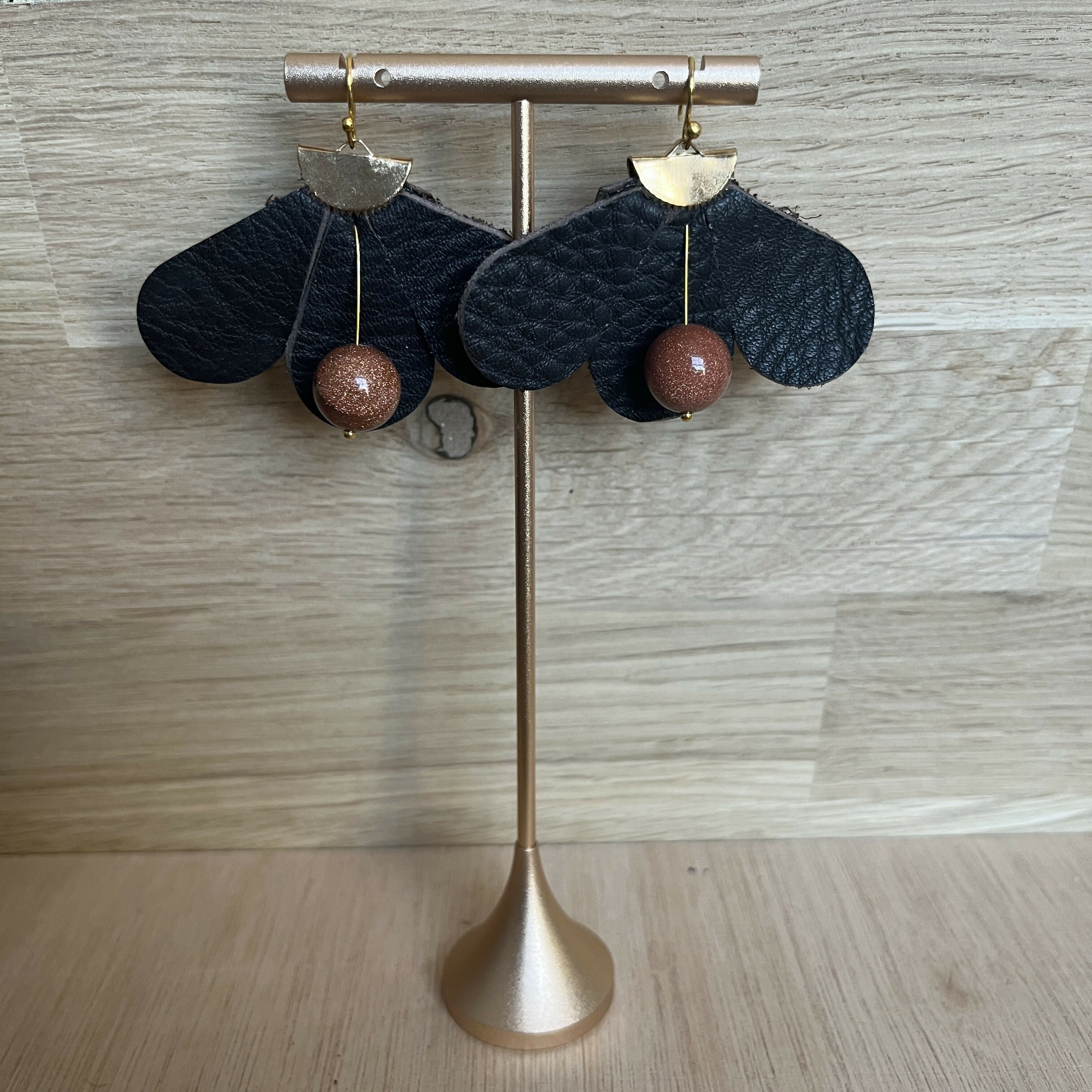Forest Whisper – Chocolate brown Leather Flower Earrings with Brown Stone
