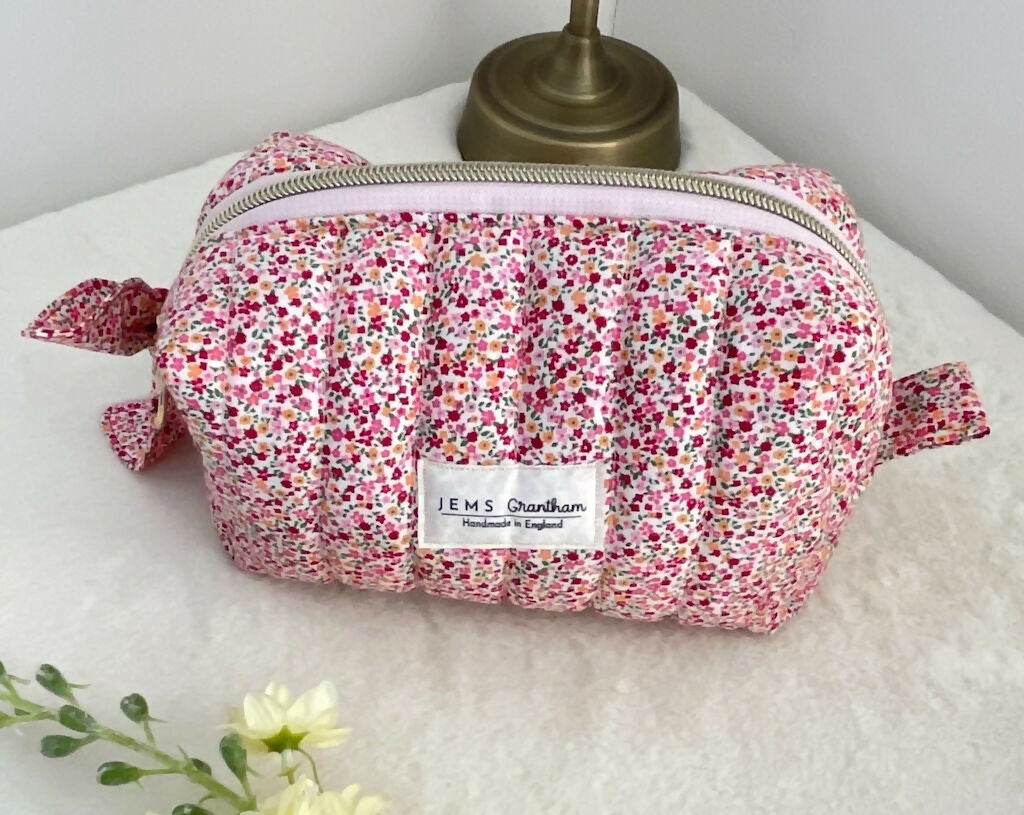 Ditsy Red Quilted Toiletry Bag with Zipper Handmade