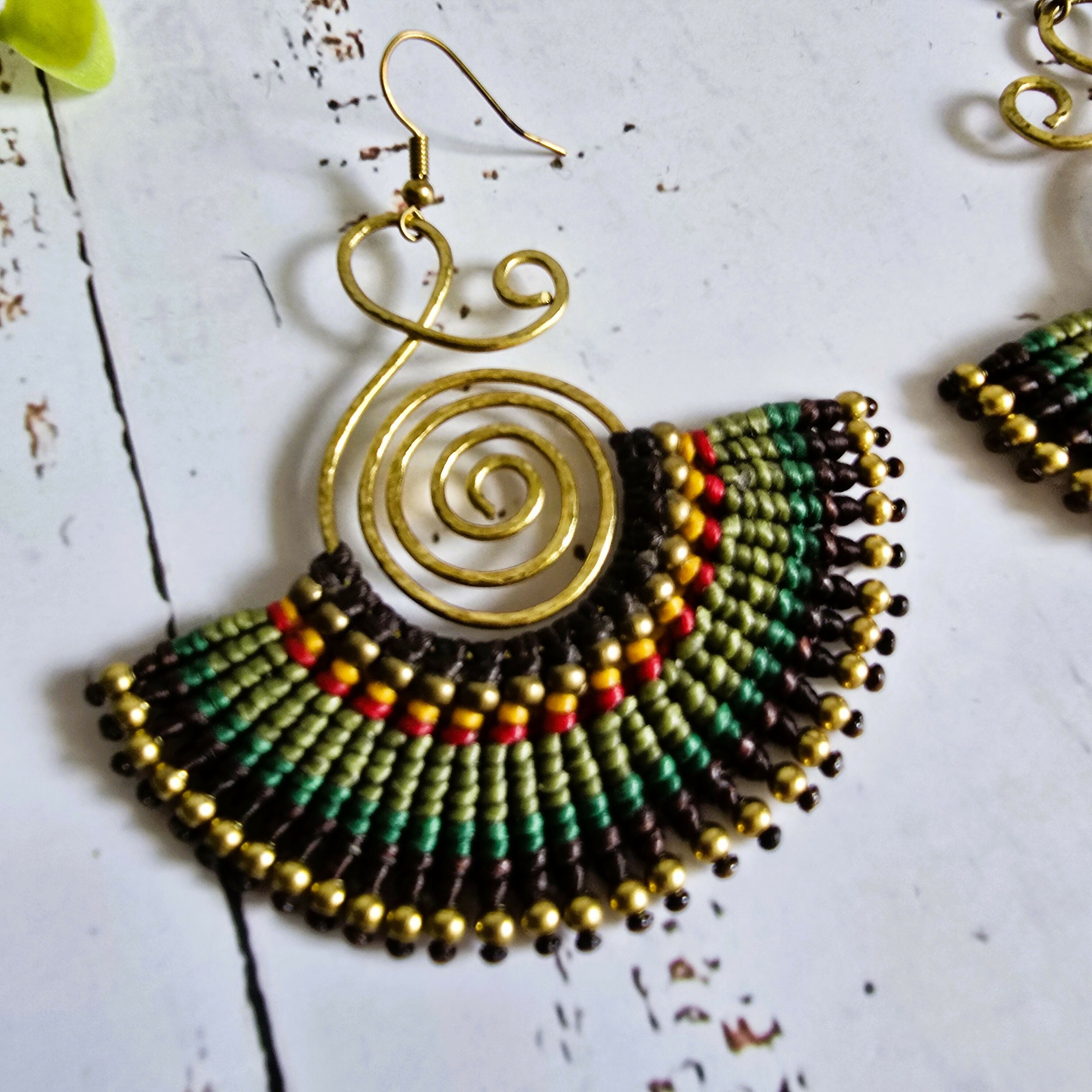 Emerald Green Fan Earrings; Bold Bohemian Macramé & Gold Wire-Art Statement Earrings