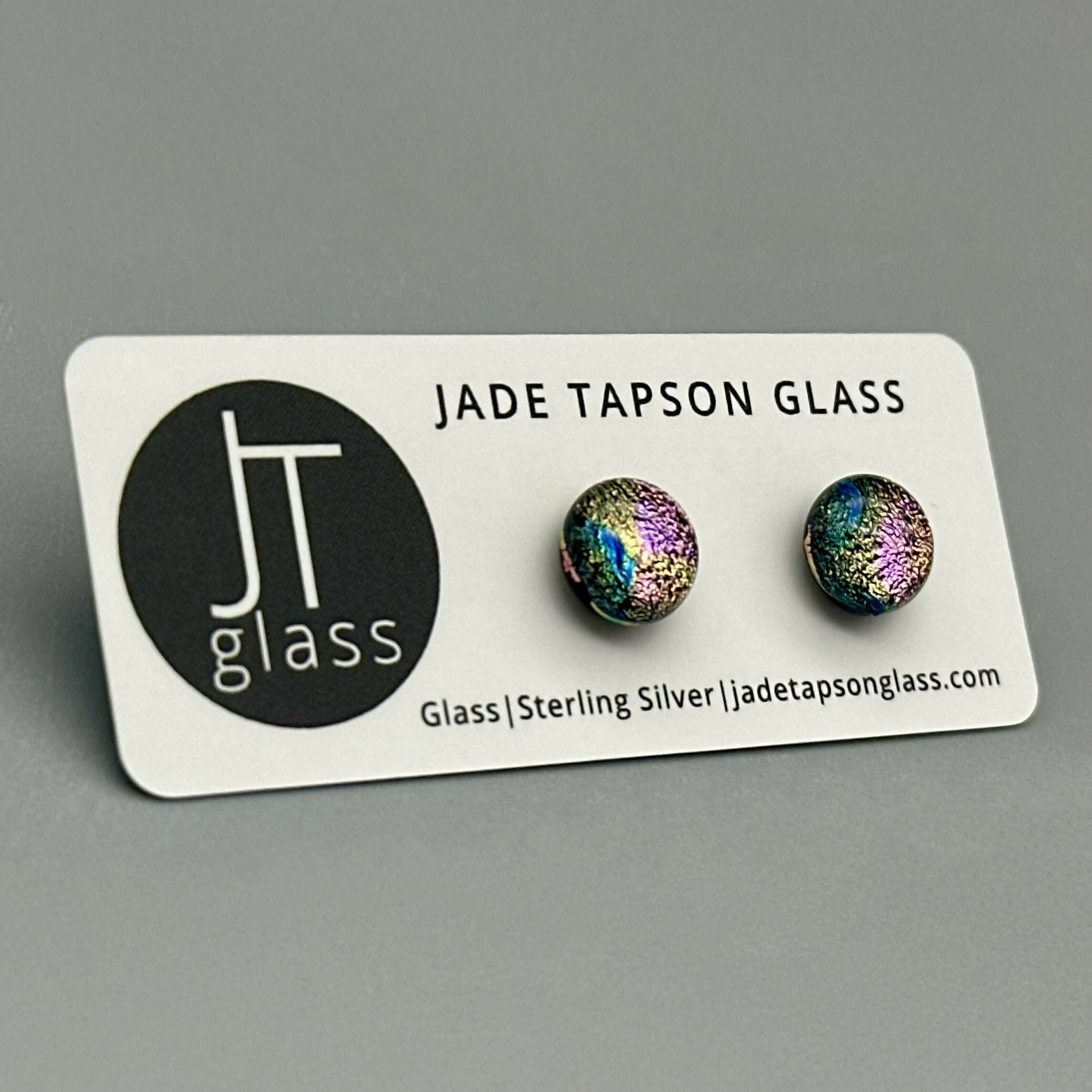 Rainbow Dichroic Fused Glass Sterling Silver Stud Earrings - Handmade by Jade Tapson Glass.