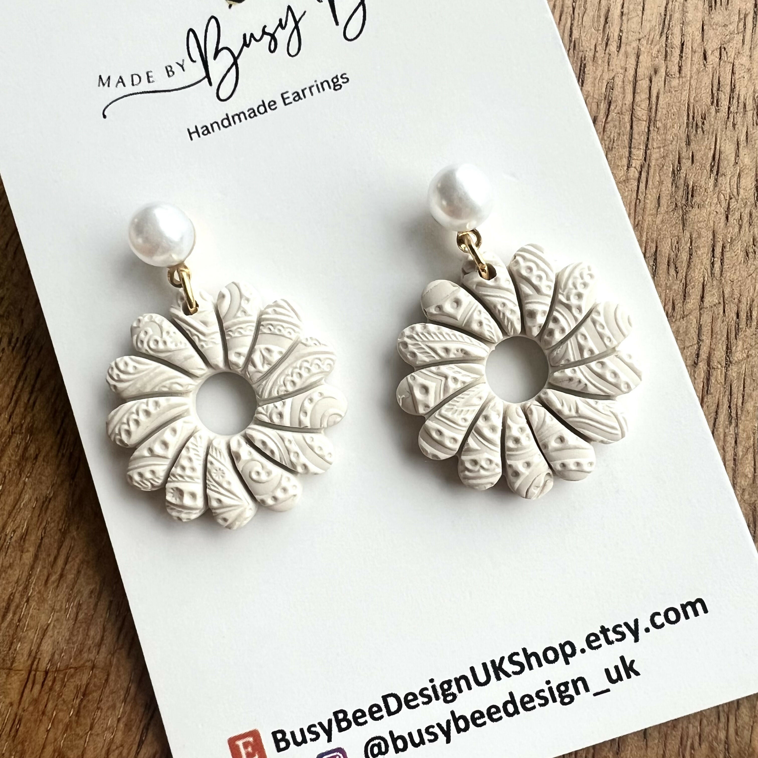 Flower Dangle Earrings – Polymer Clay Textured Earrings, Dainty Earrings, Handmade Clay Jewellery