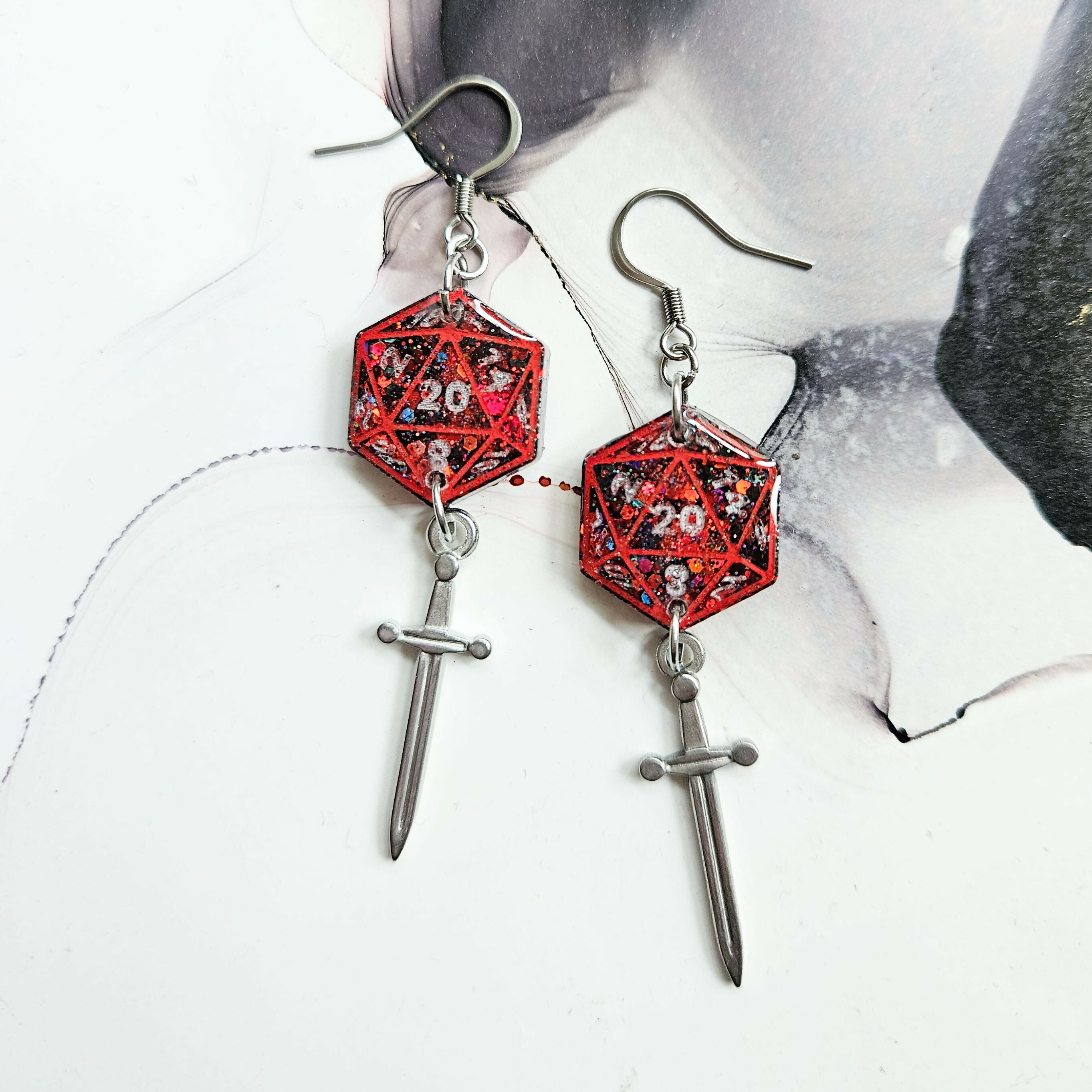 Handmade Black And Red D20 Dice Resin Earrings With Dagger Charms