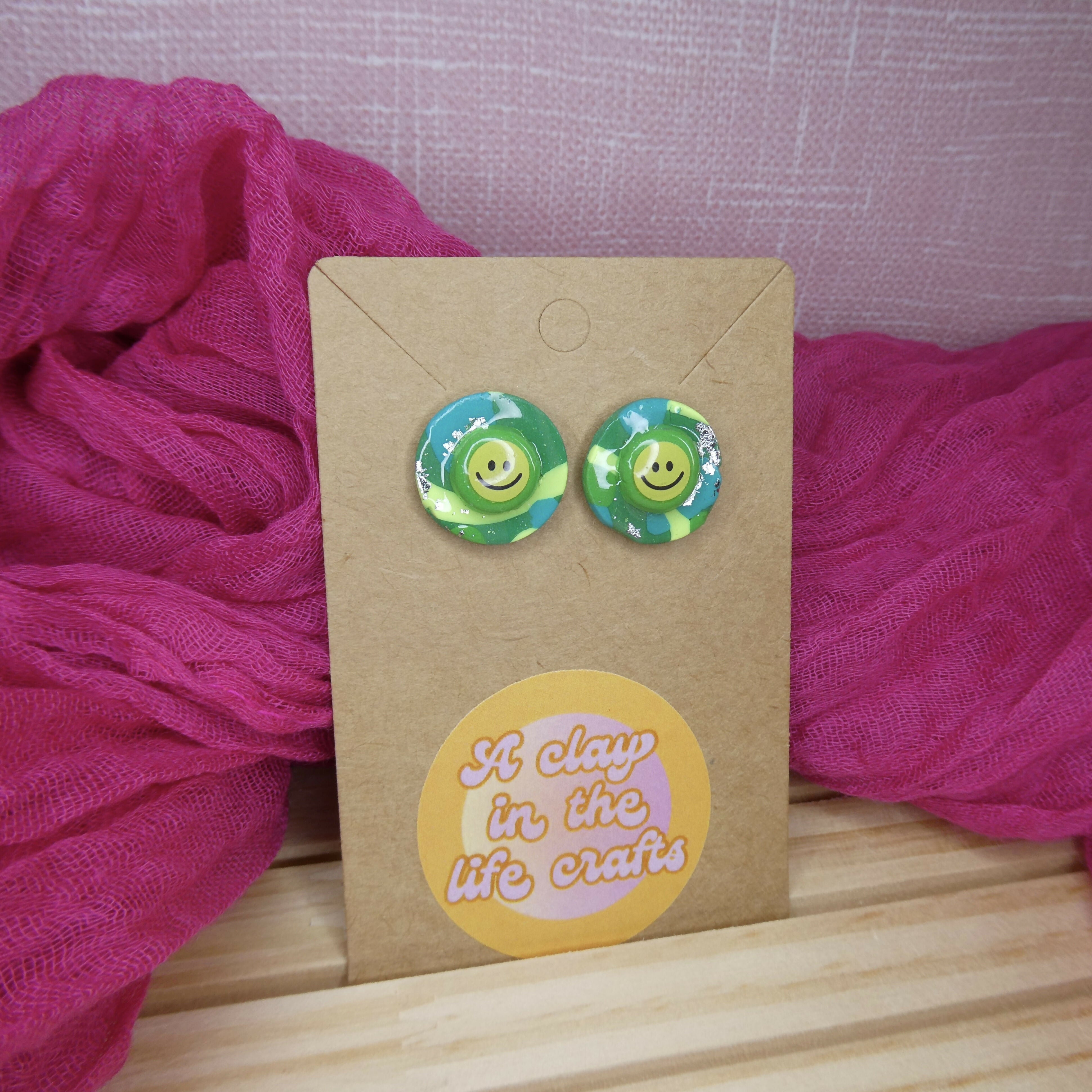 Funky Green Circle Stud Polymer Clay Earrings With Smiley Detail