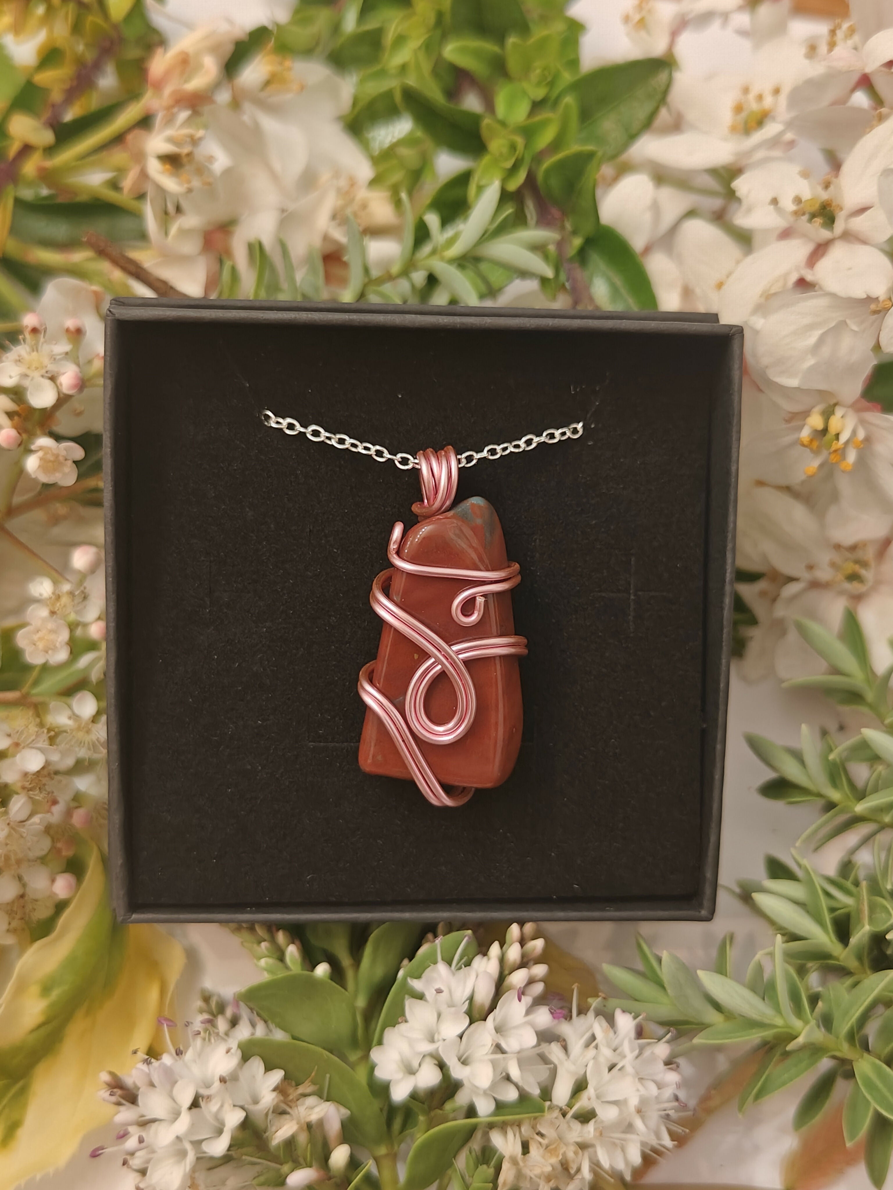 Jasper Wire Wrapped Crystal Necklace on Sterling Silver Chain