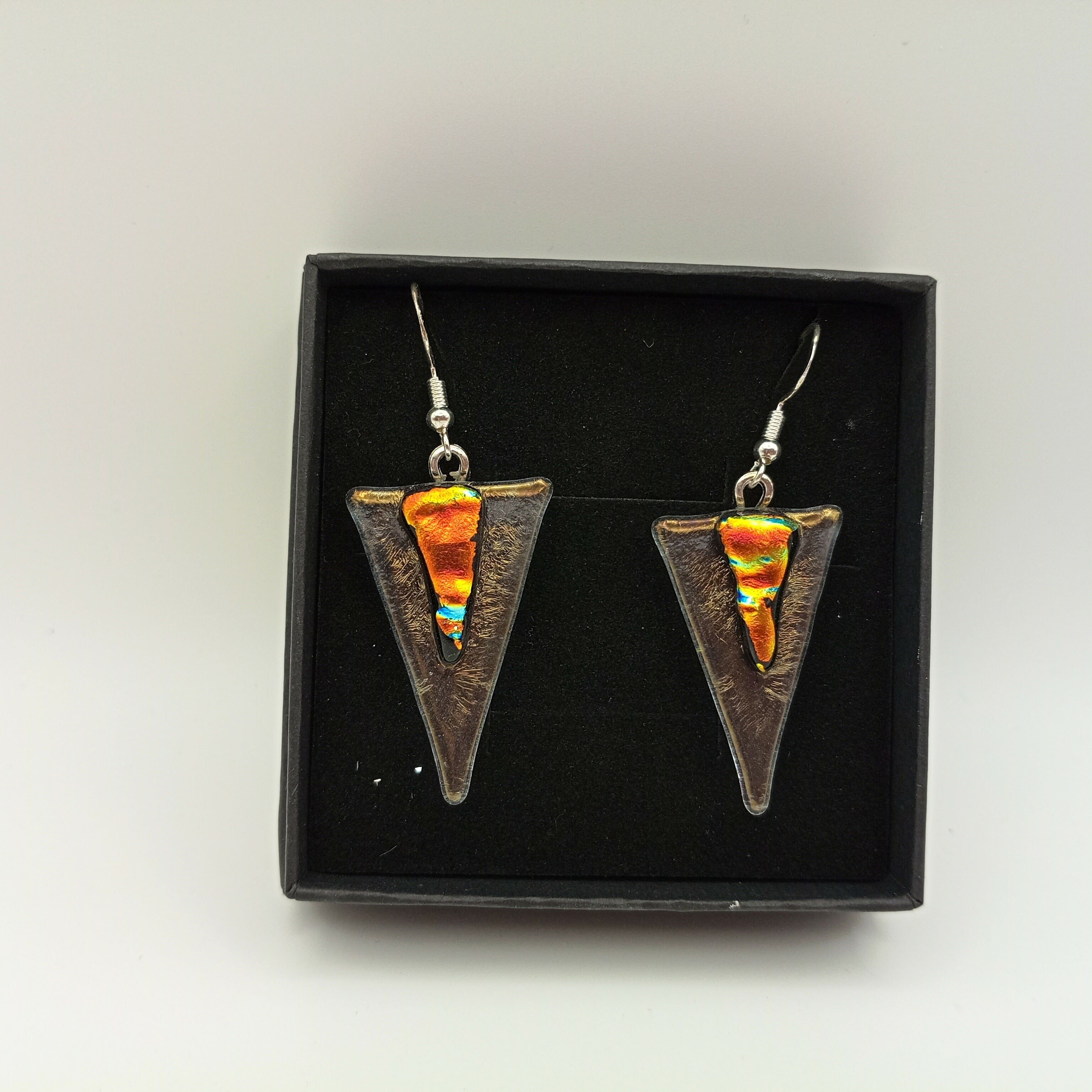 Iridescent Triangle Earrings with Red ad Gold Dichroic Piece
