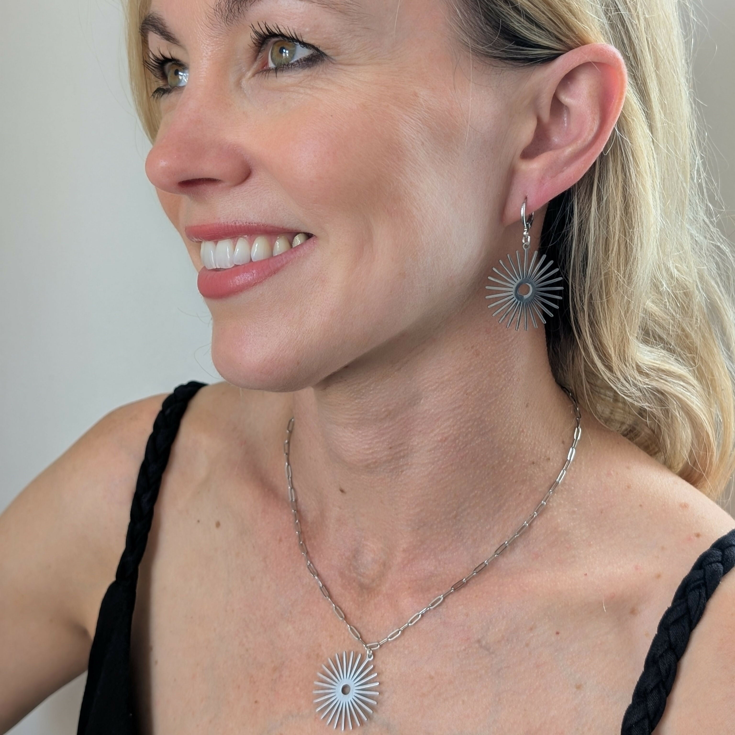 Silver Sunburst Necklace on Paperclip Chain