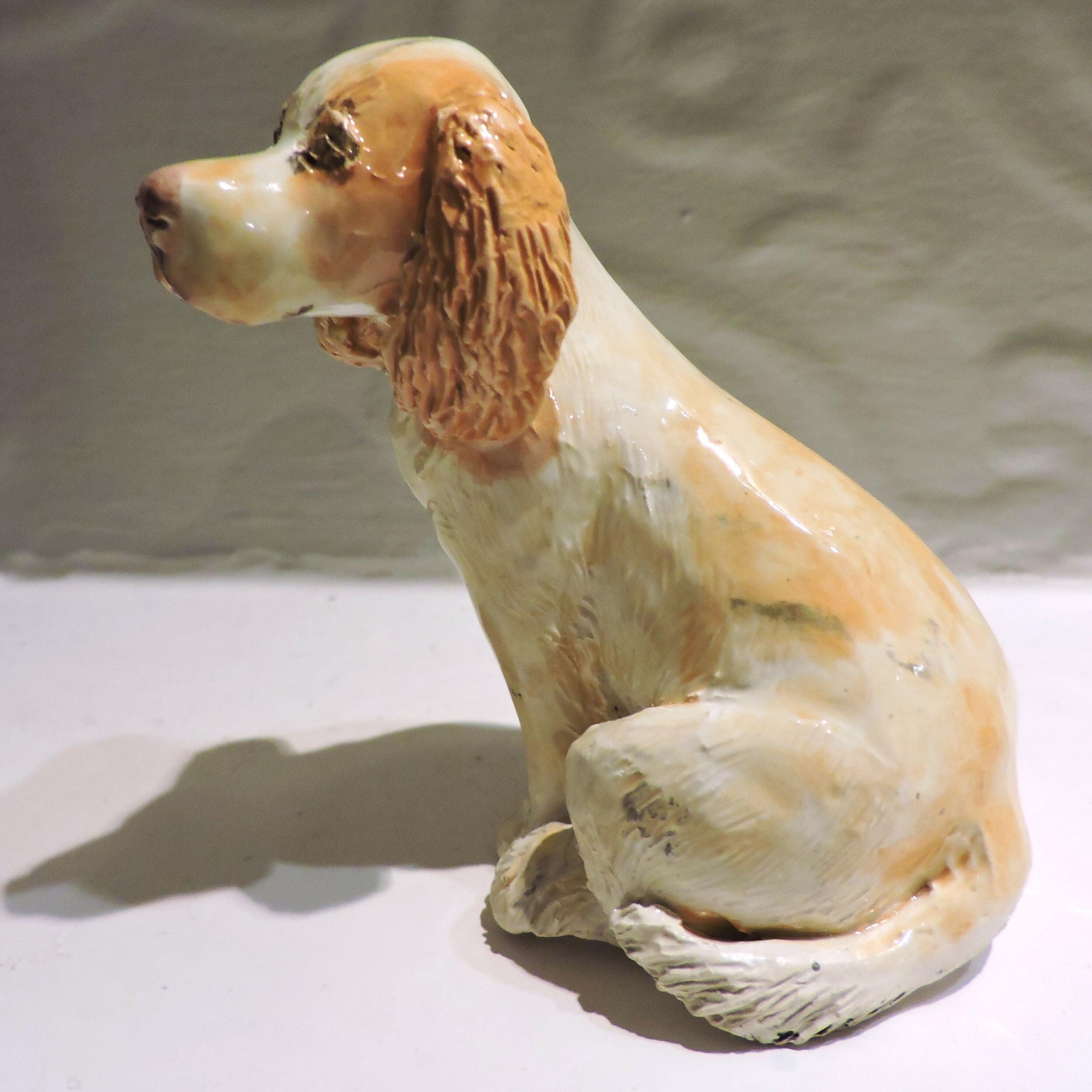 Ceramic Cocker Spaniel sculpture, Golden and white