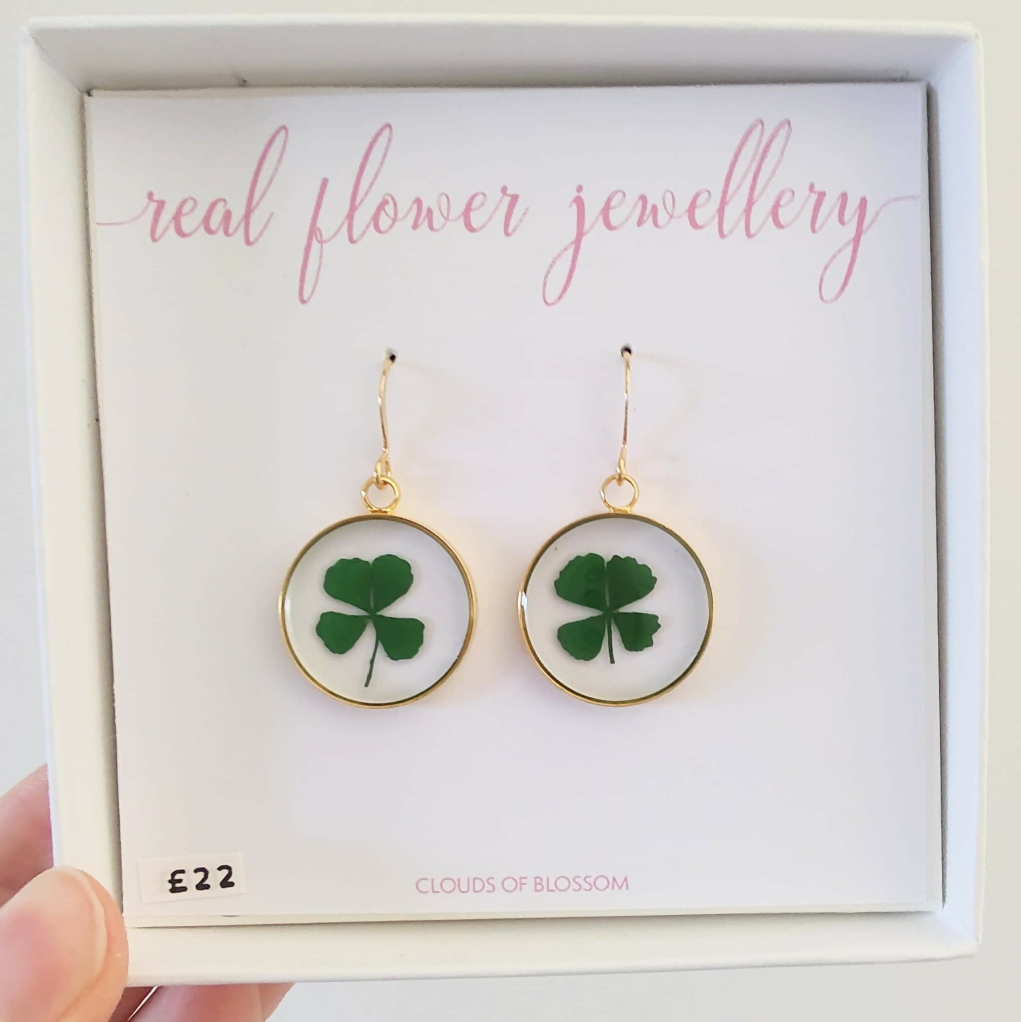 Pressed Four Leaf Clover Circle Earrings Gold Plated