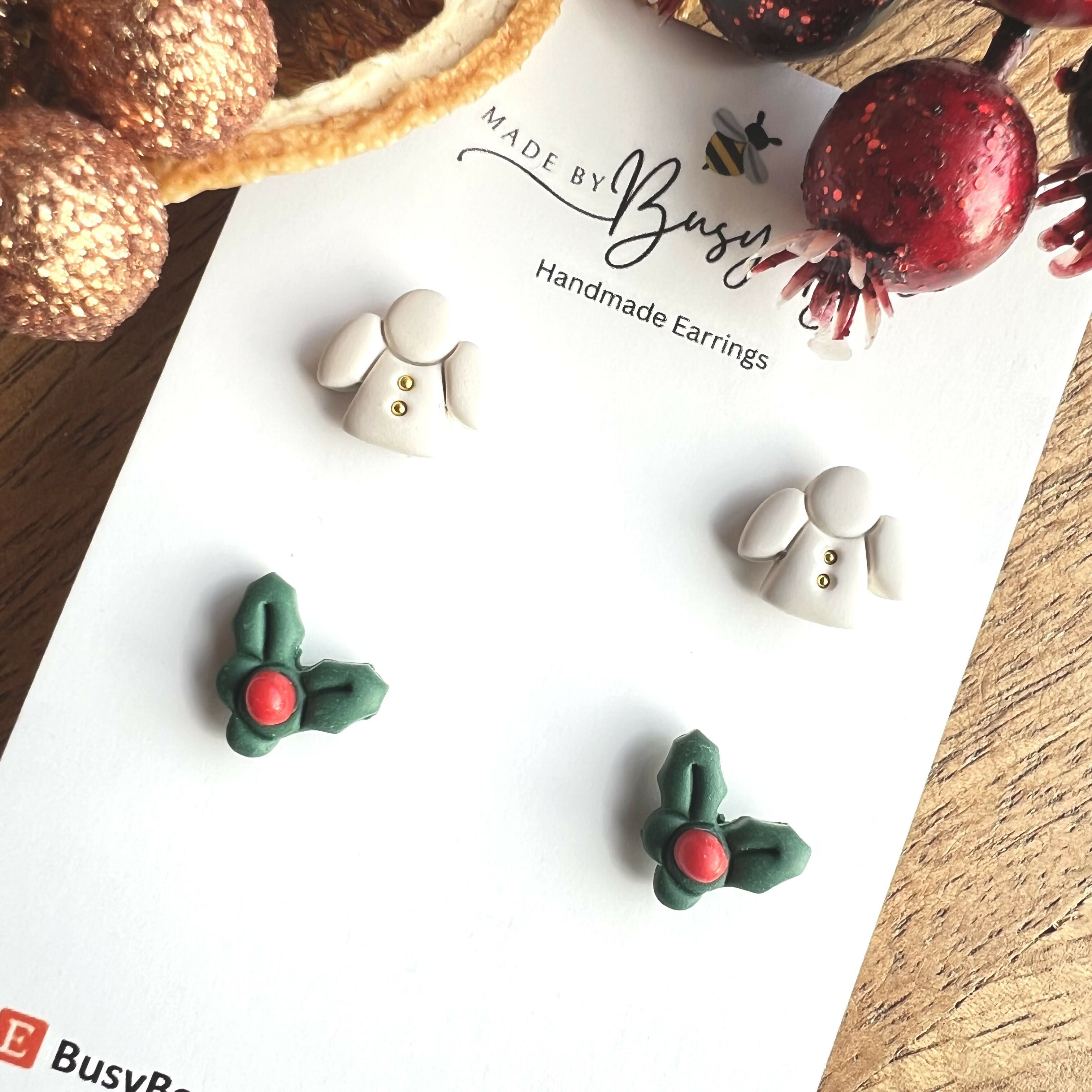 Handmade Christmas Stud Earrings / Set of 2 pairs of Studs / Handmade Polymer Clay Jewellery