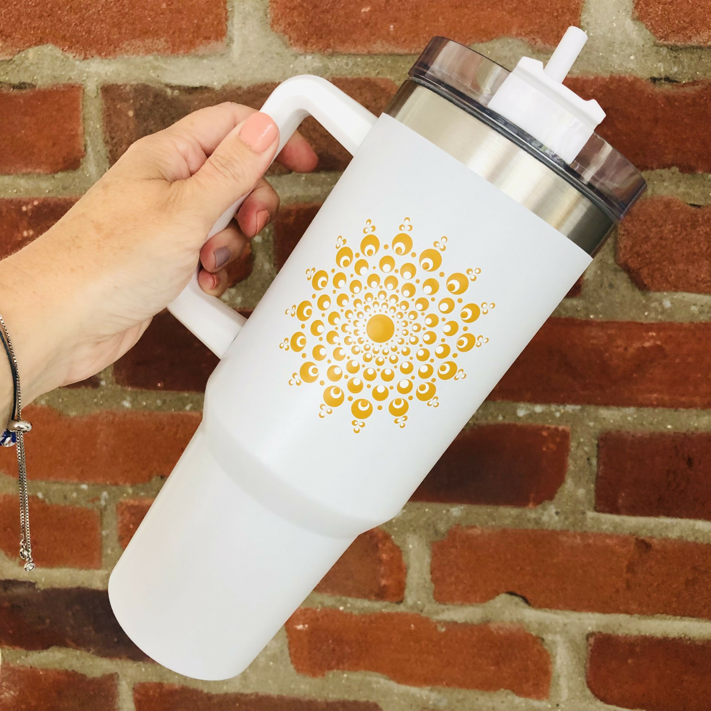 Hand Painted Dot Mandala Thermal Water Bottle with Straw: White with True Ochre