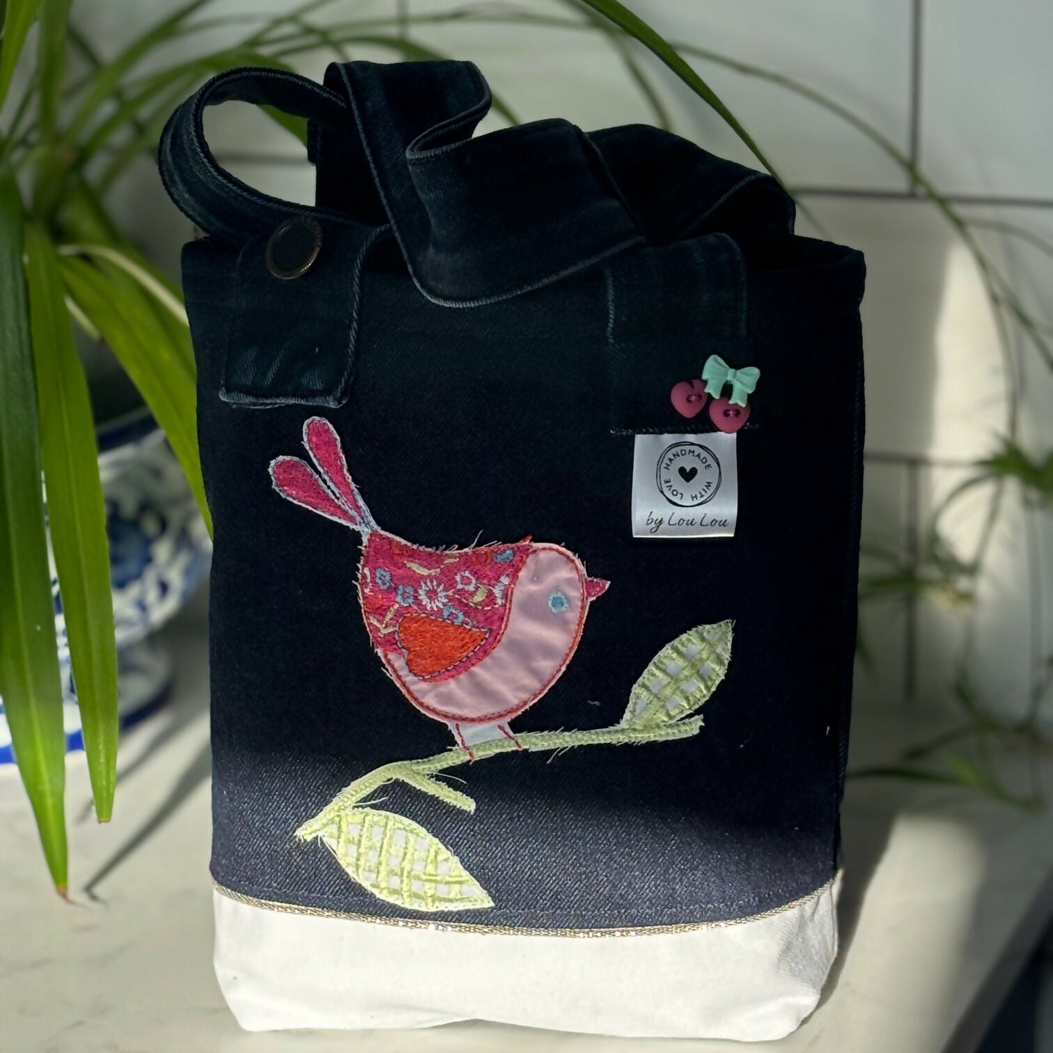 Unique Handcrafted Denim Small Tote Bag Made From Upcycled Jeans With Applique