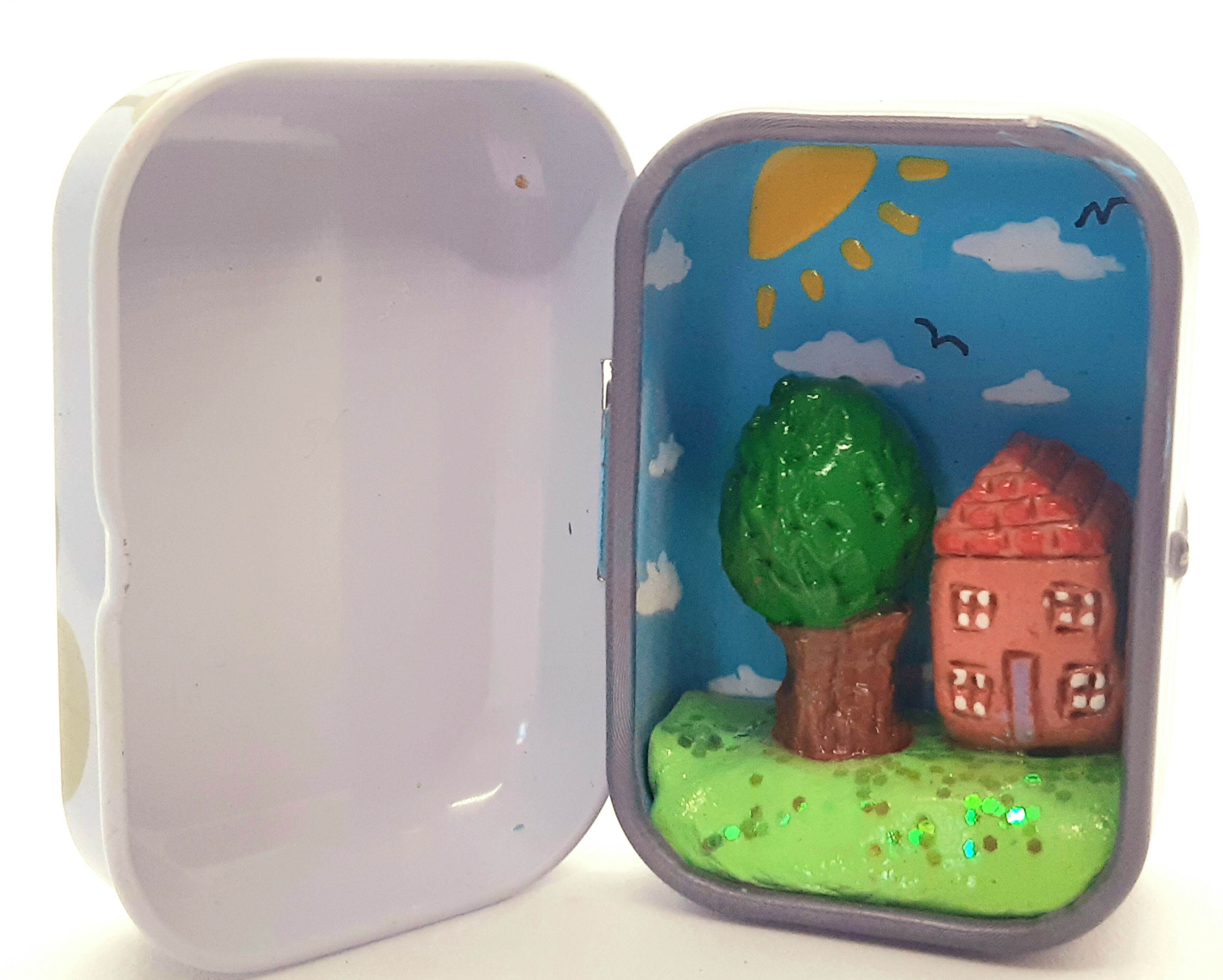 Clay House and Tree in Metal Tin