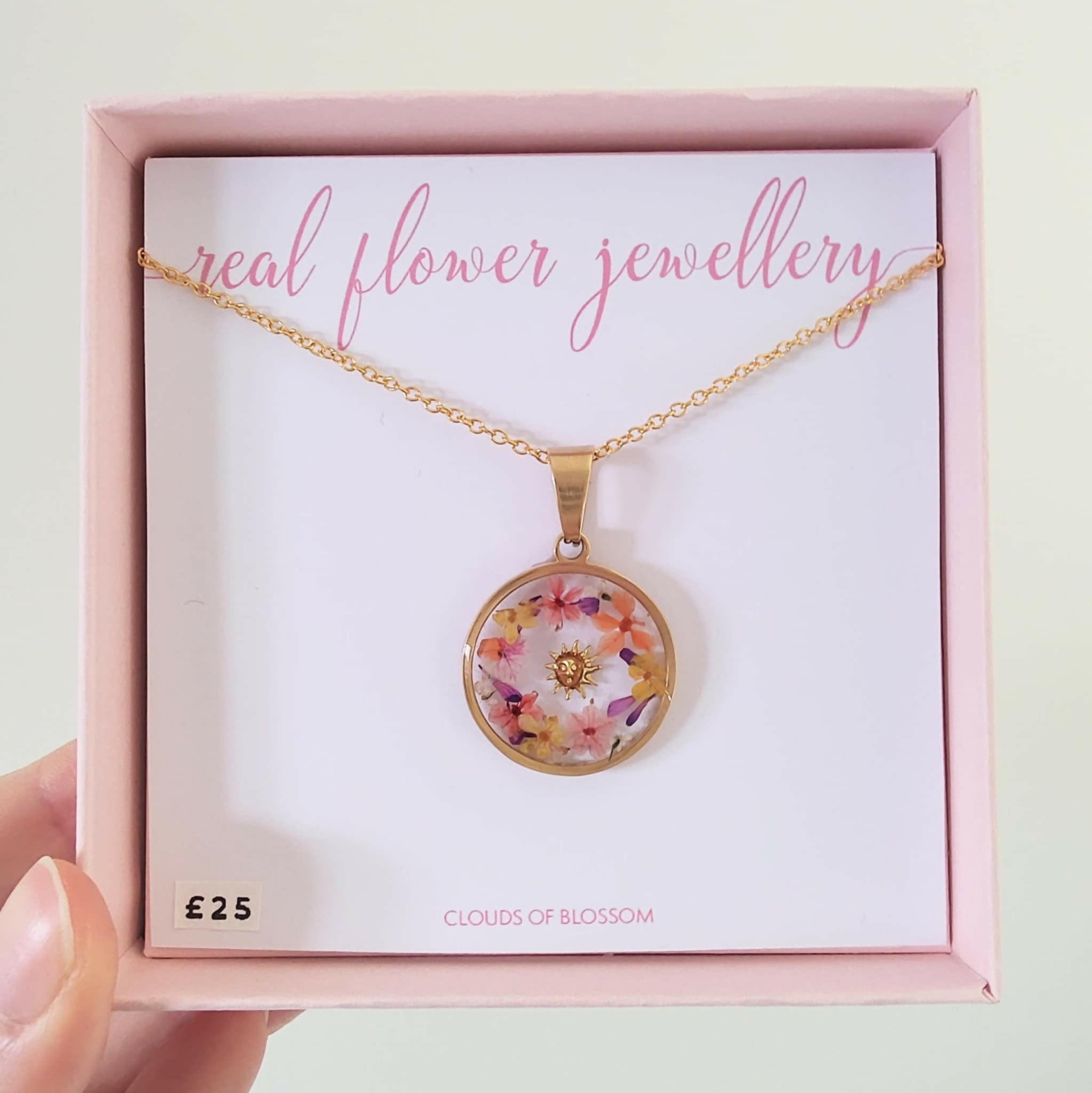 Real Flower Sun Deep Circle Necklace Gold Plated