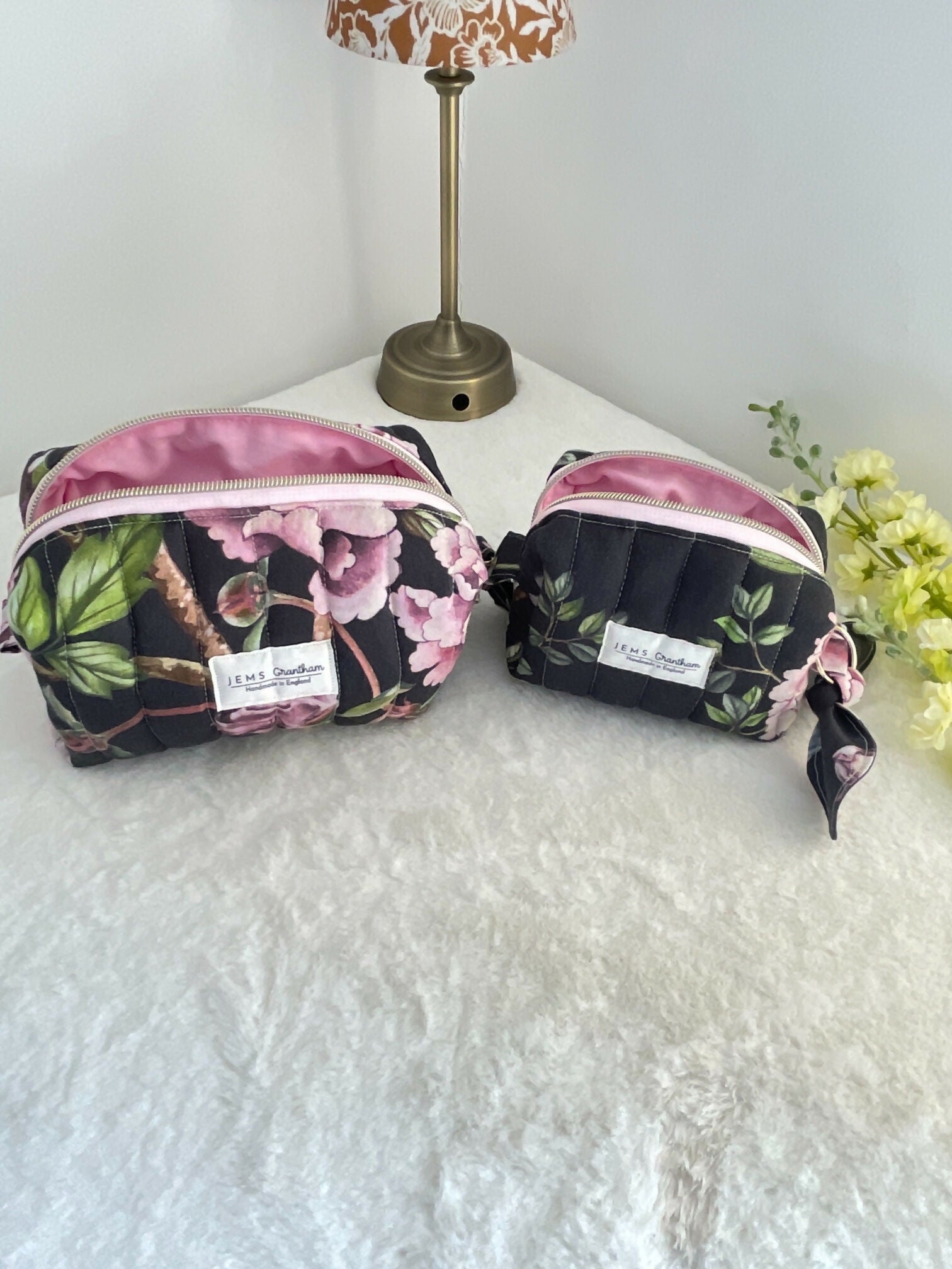 Black Quilted Toiletry Bag with Zipper Handmade in UK