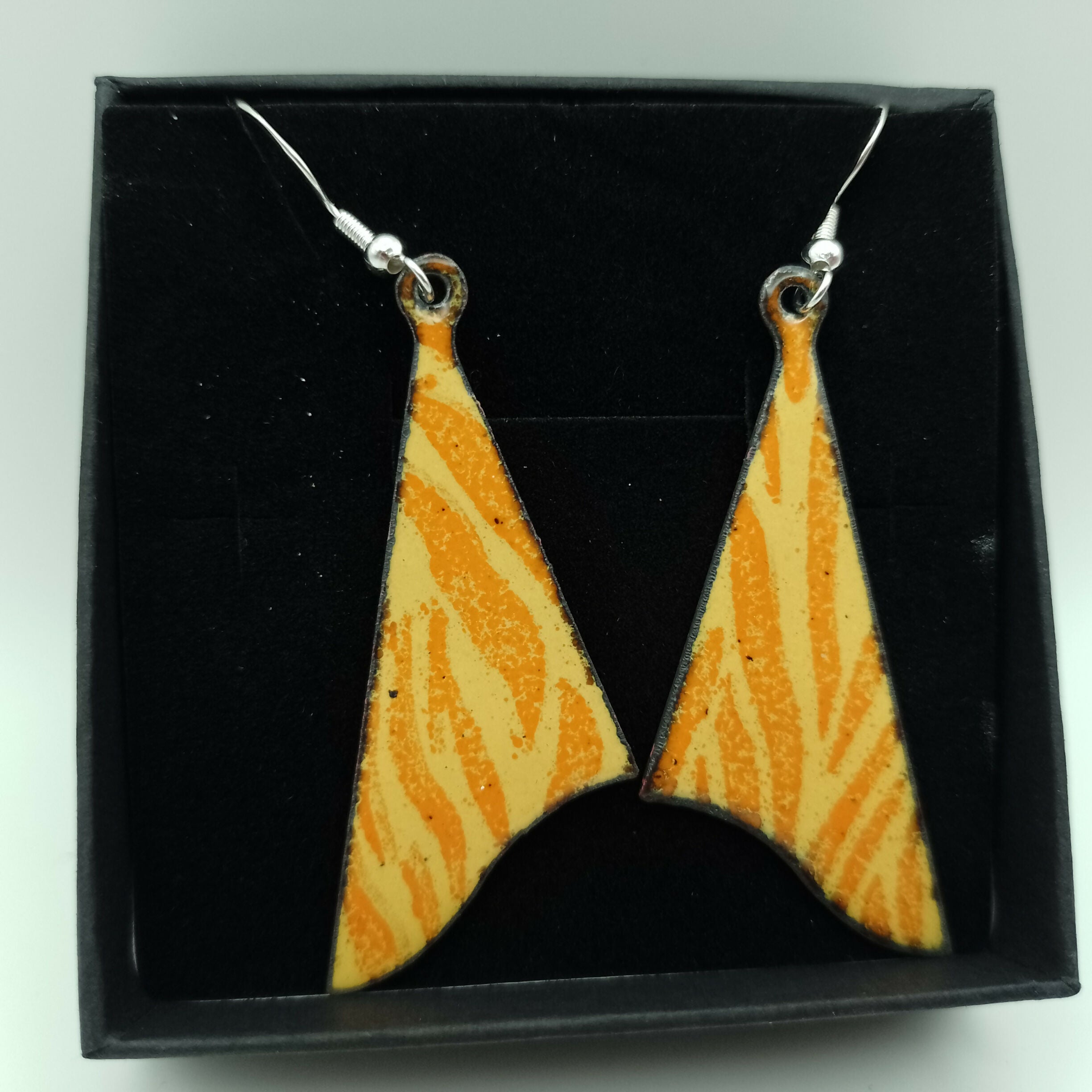 Triangular Yellow and Orange Striped Enamel Earrings