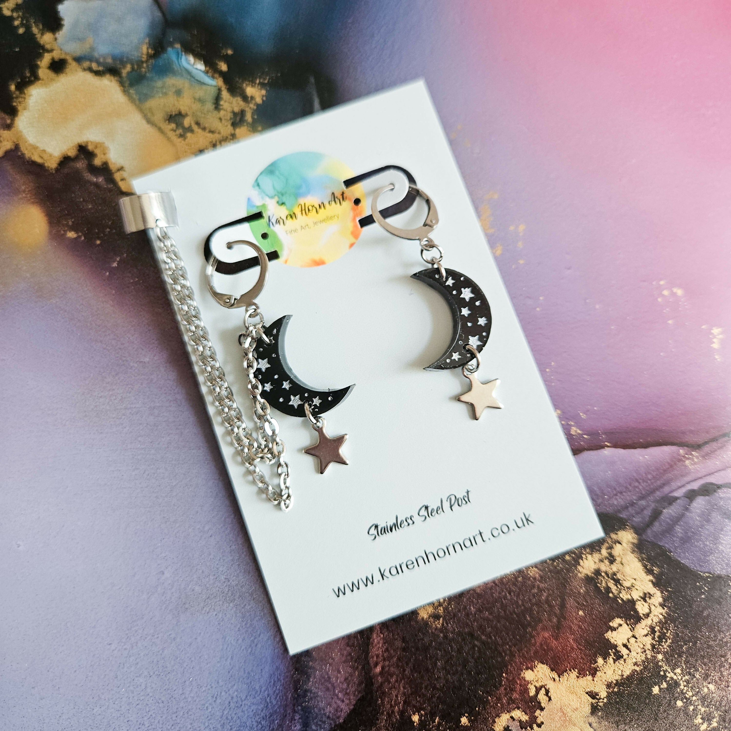 Handmade Resin Black Moons And Stars Huggie Hoops And Cuff