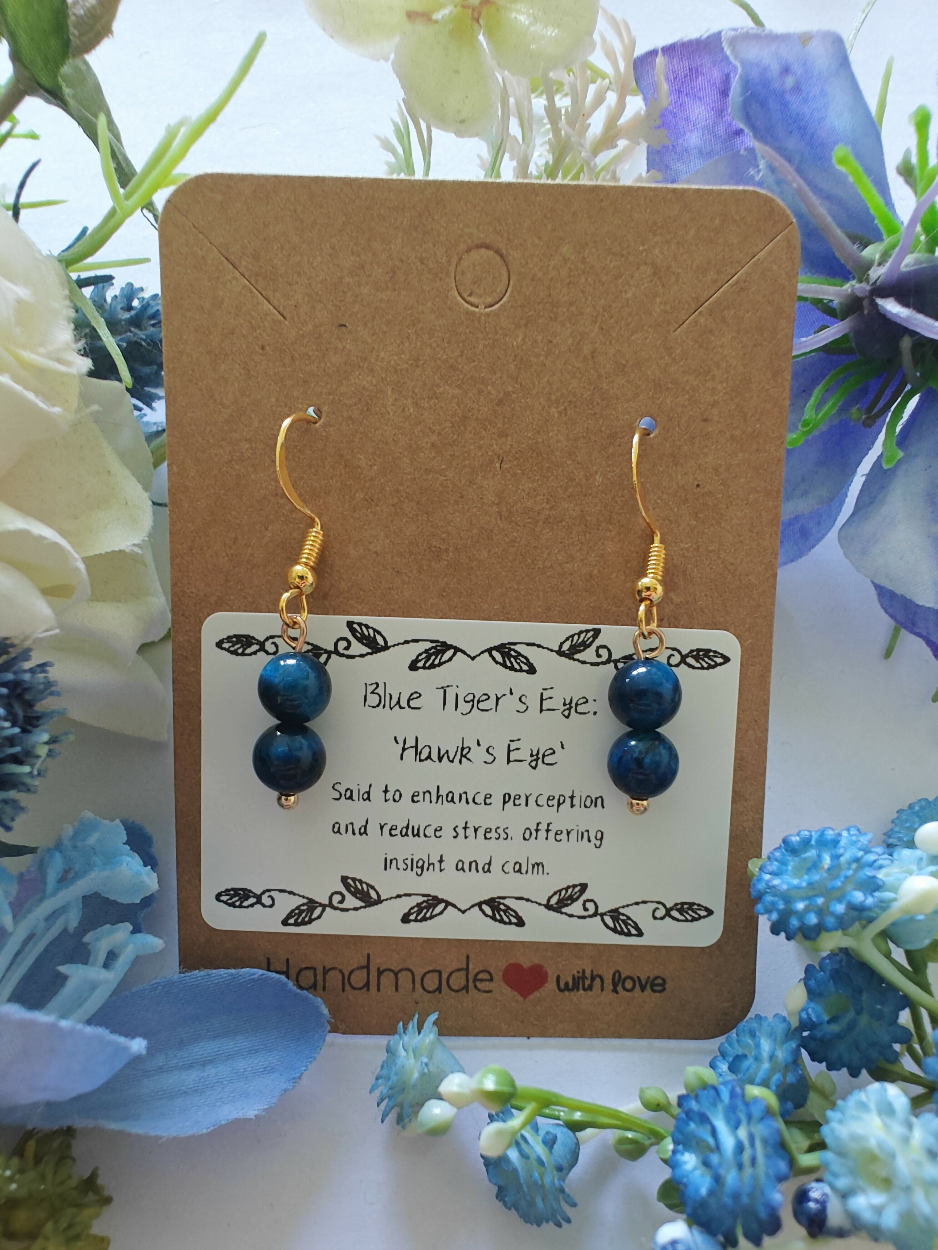 Blue Tiger's Eye Earrings on Gold Coloured Sterling Silver Plated Hooks